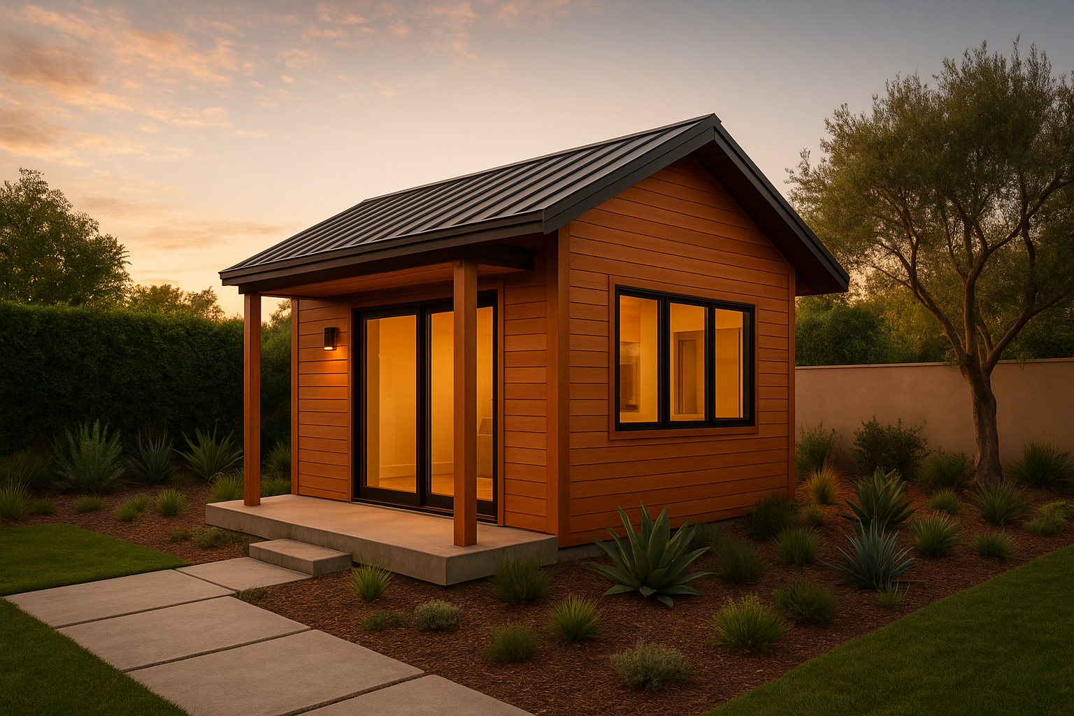 Backyard mother-in-law suites design with wood siding and a covered porch in Southern California
