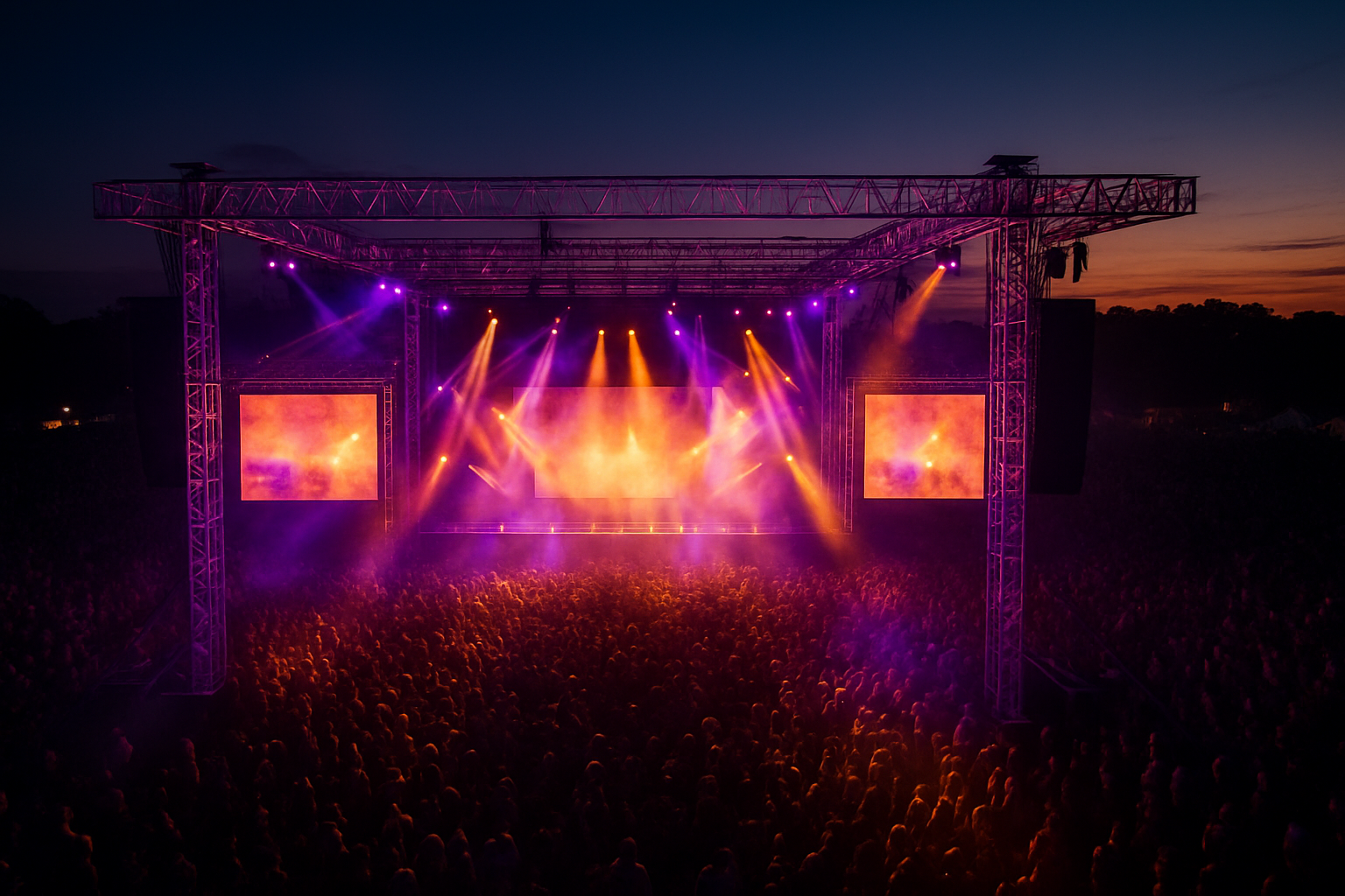 Outdoor festival stage with LED video walls and truss lighting as part of a large-scale AV rental production