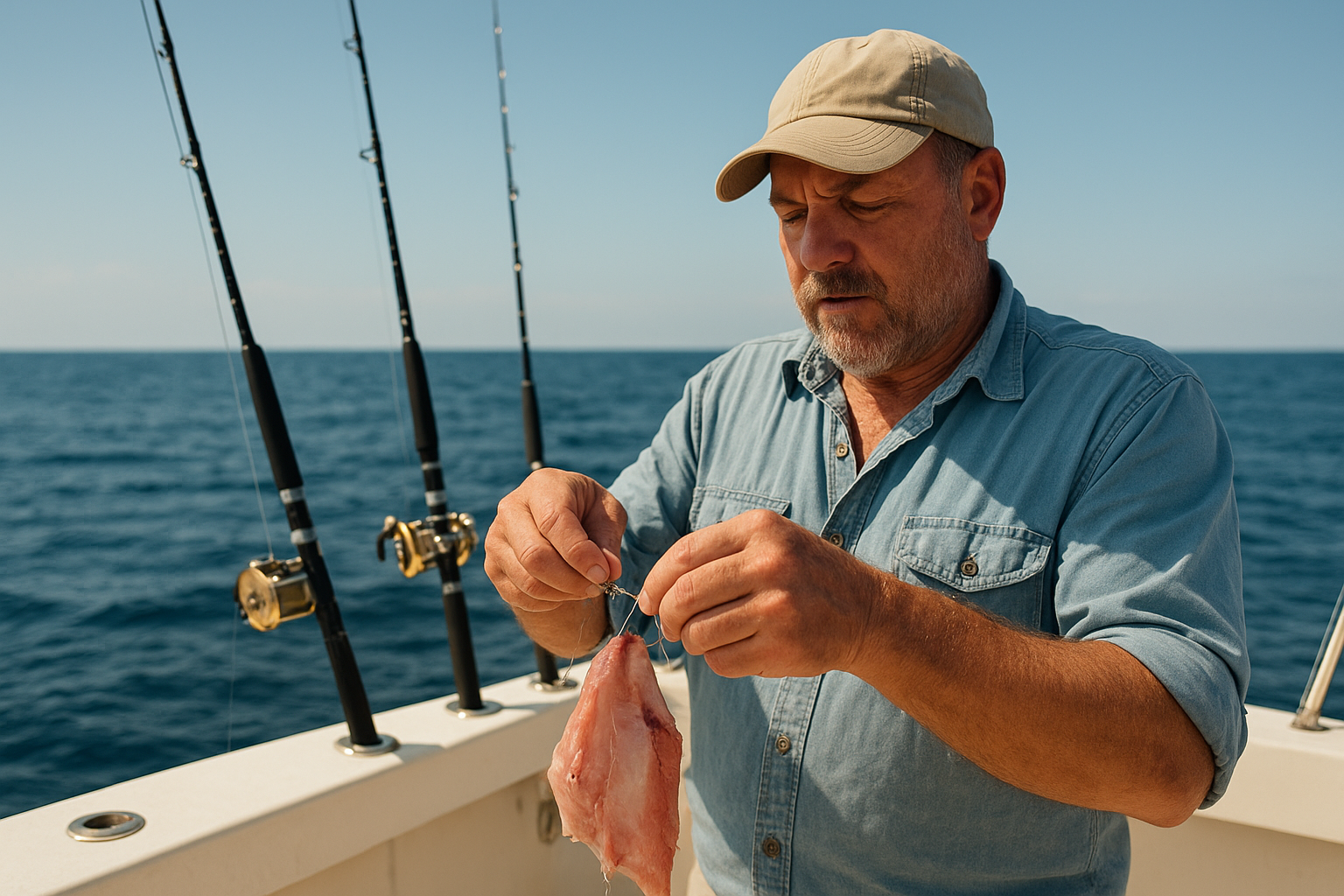 Charter captain rigging shark fishing tackle before a Myrtle Beach shark season charter trip