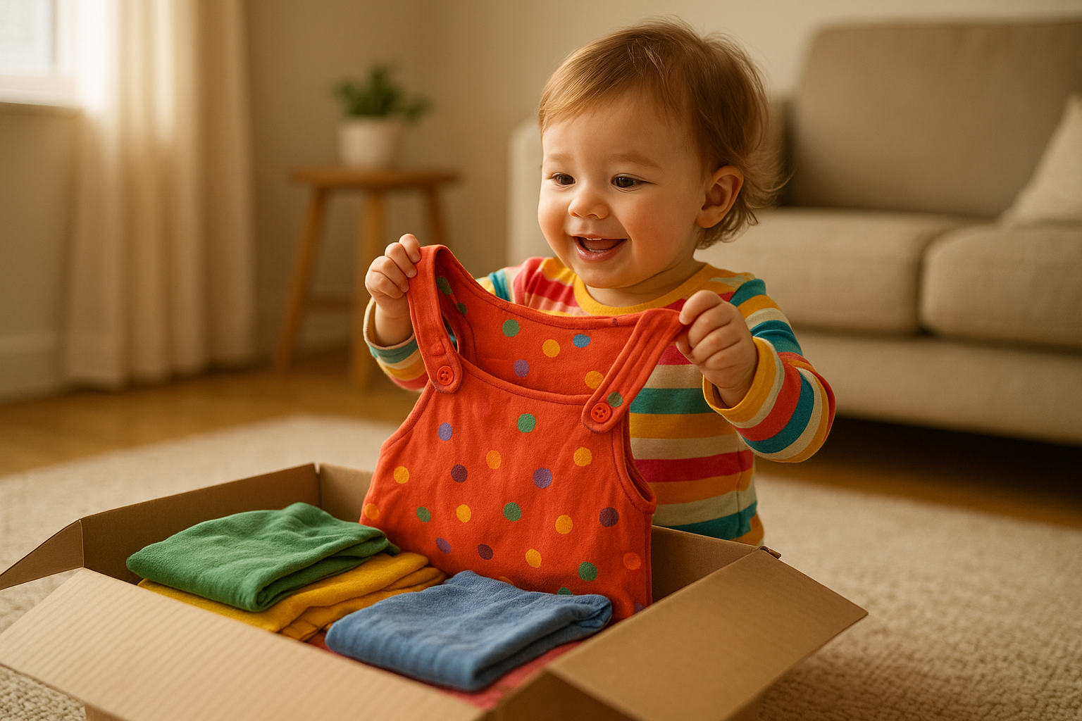 Toddler trying on clothes from a trendy kids clothing delivery box at home