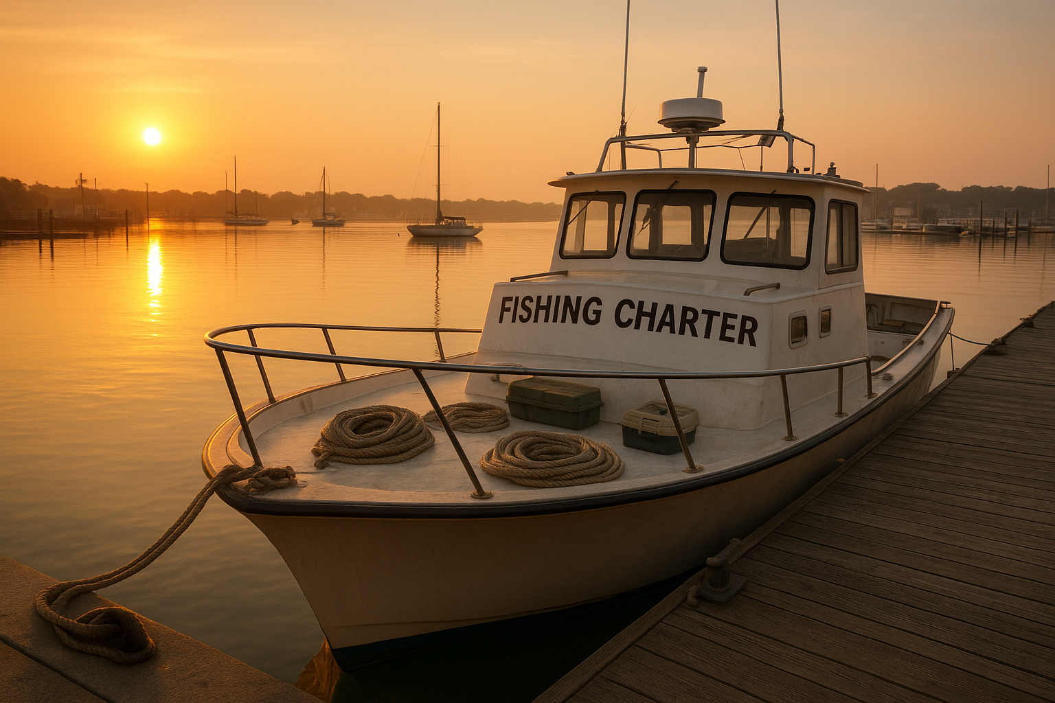 Fishing charter preparing to depart at sunrise from a Calabash NC area dock