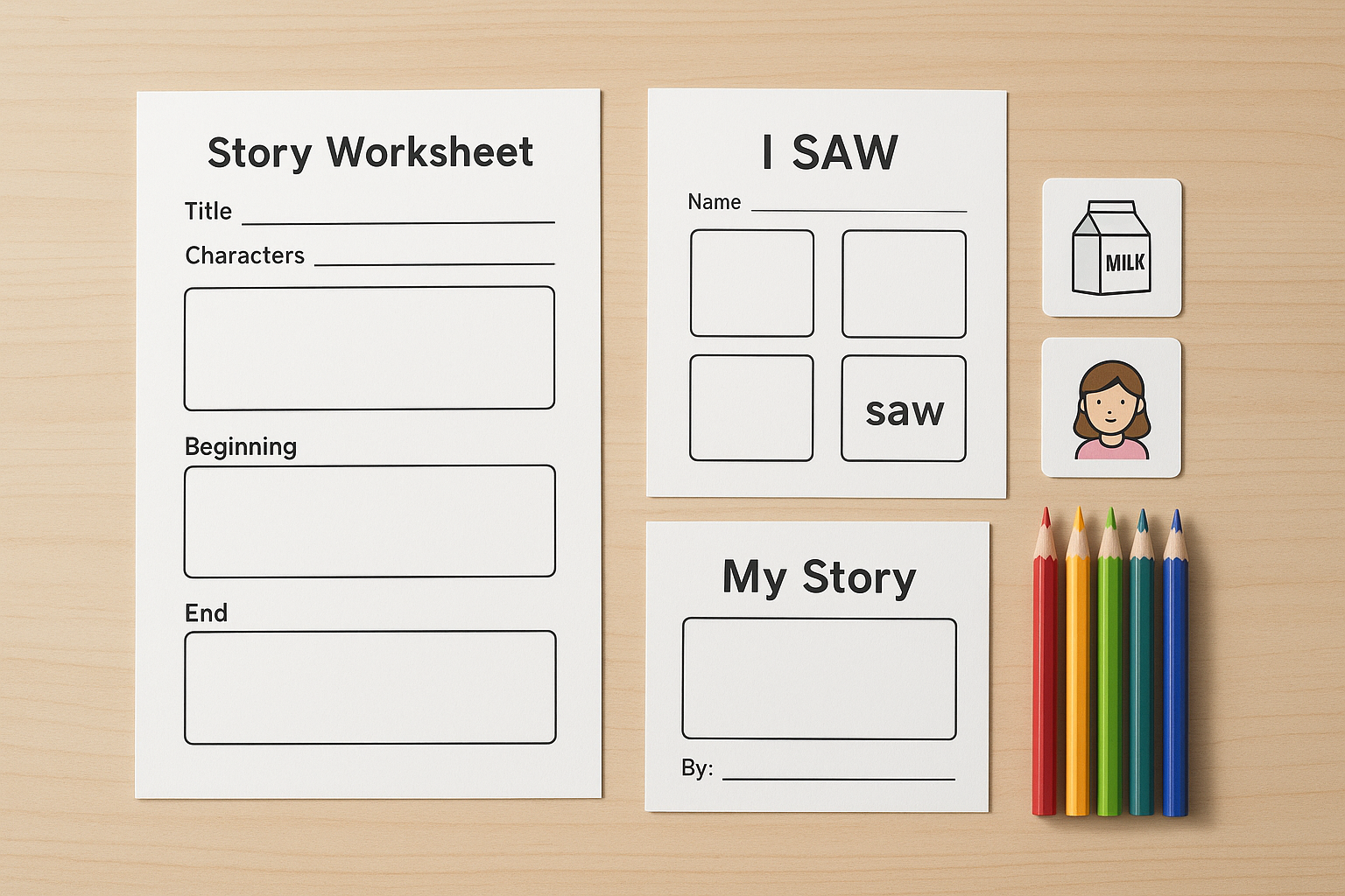 Flat lay of printable speech therapy materials including articulation story cards and picture icons