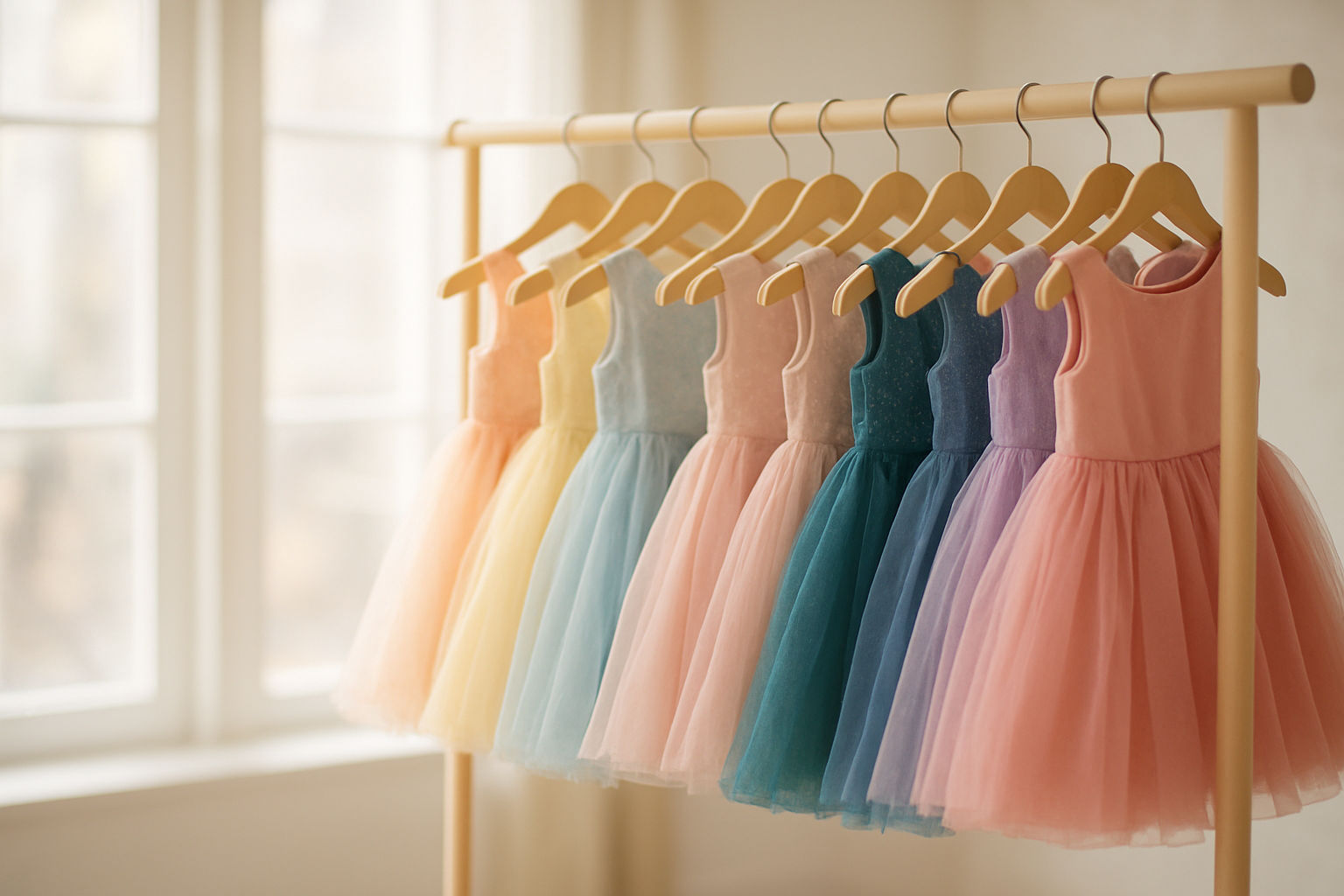 Rack of sustainable kids dress rental options in pastel and jewel tones displayed in a bright studio