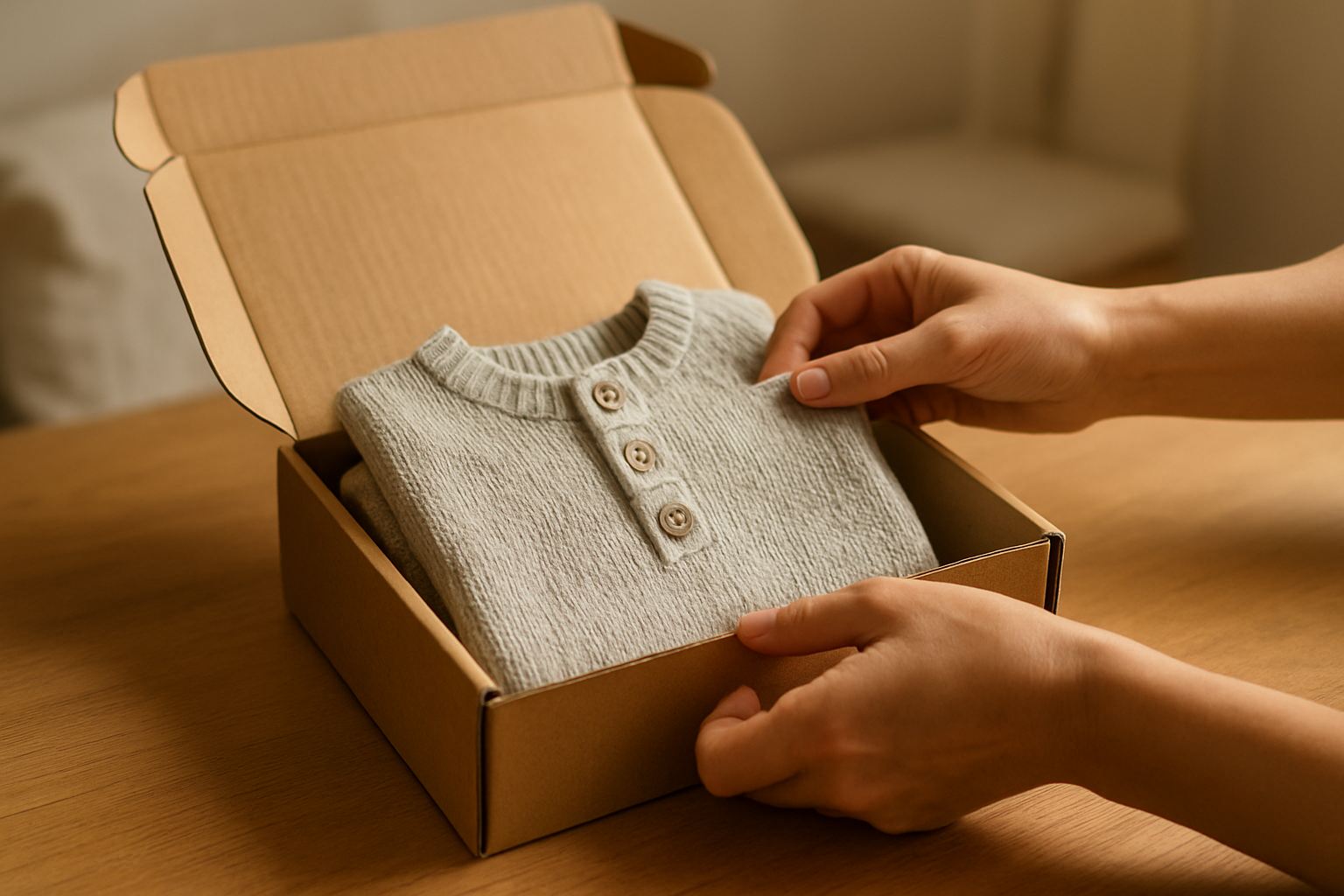 Parent packing a return box for a children's clothing delivery subscription swap