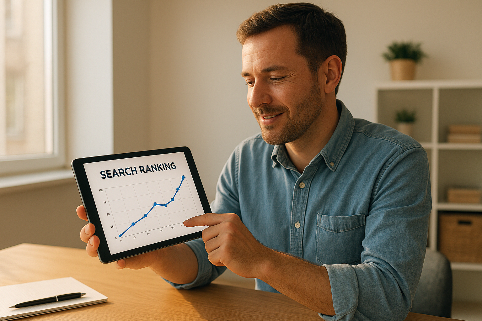 Small business owner reviewing results from real-time SEO adjustments on a tablet