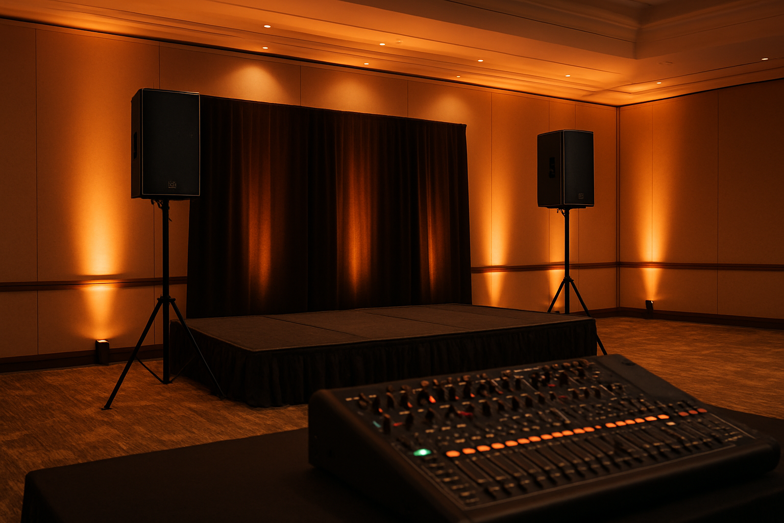 Audio visual equipment rental setup with speakers, lighting, and mixing console at an event venue