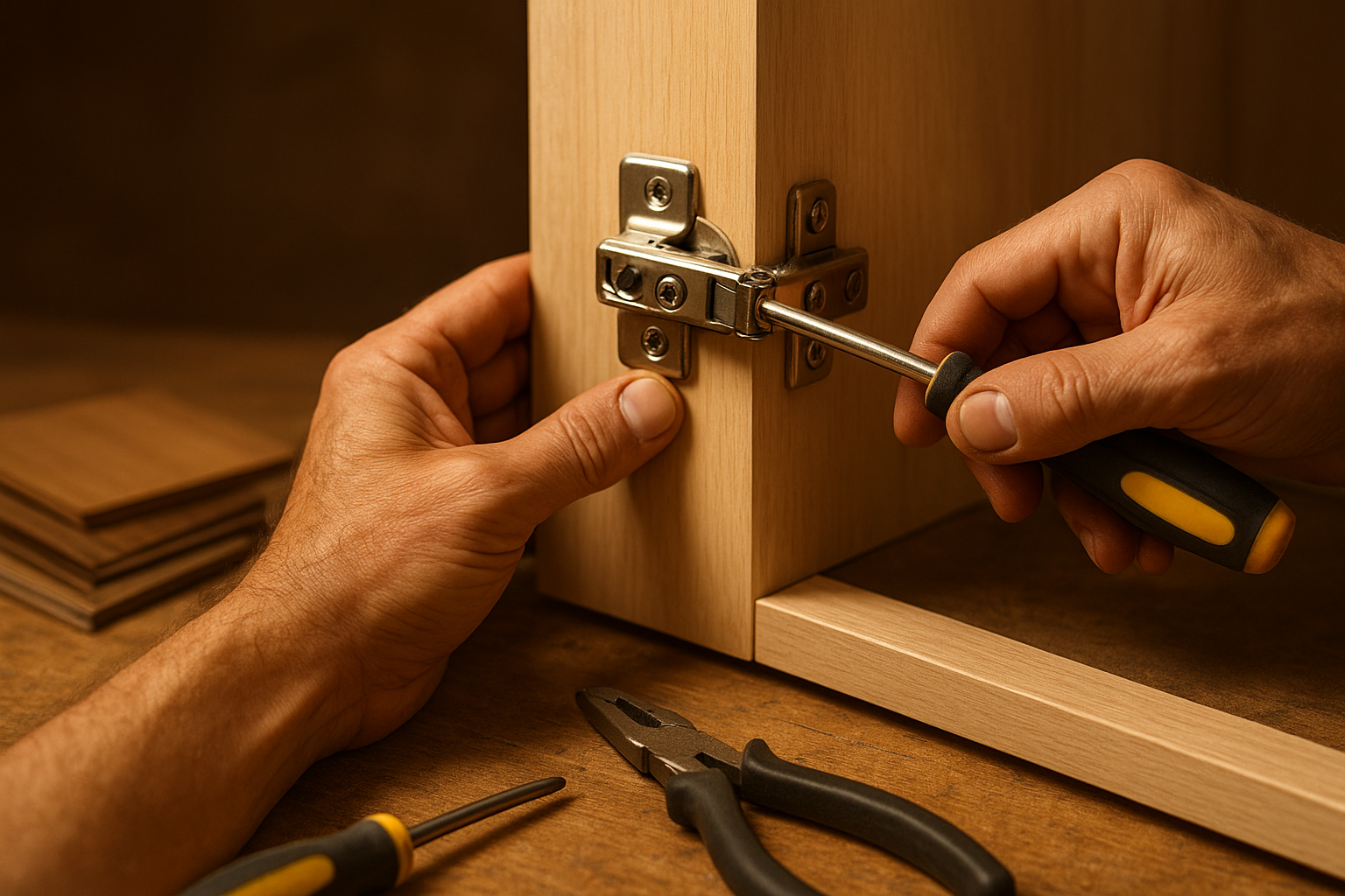 Contractor installing new hardware during a kitchen refacing techniques project