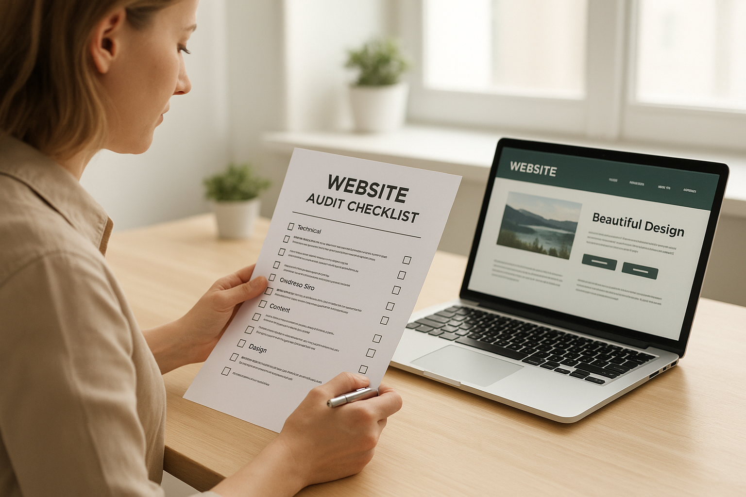 Small business owner reviewing a website content audit before hiring article writing services