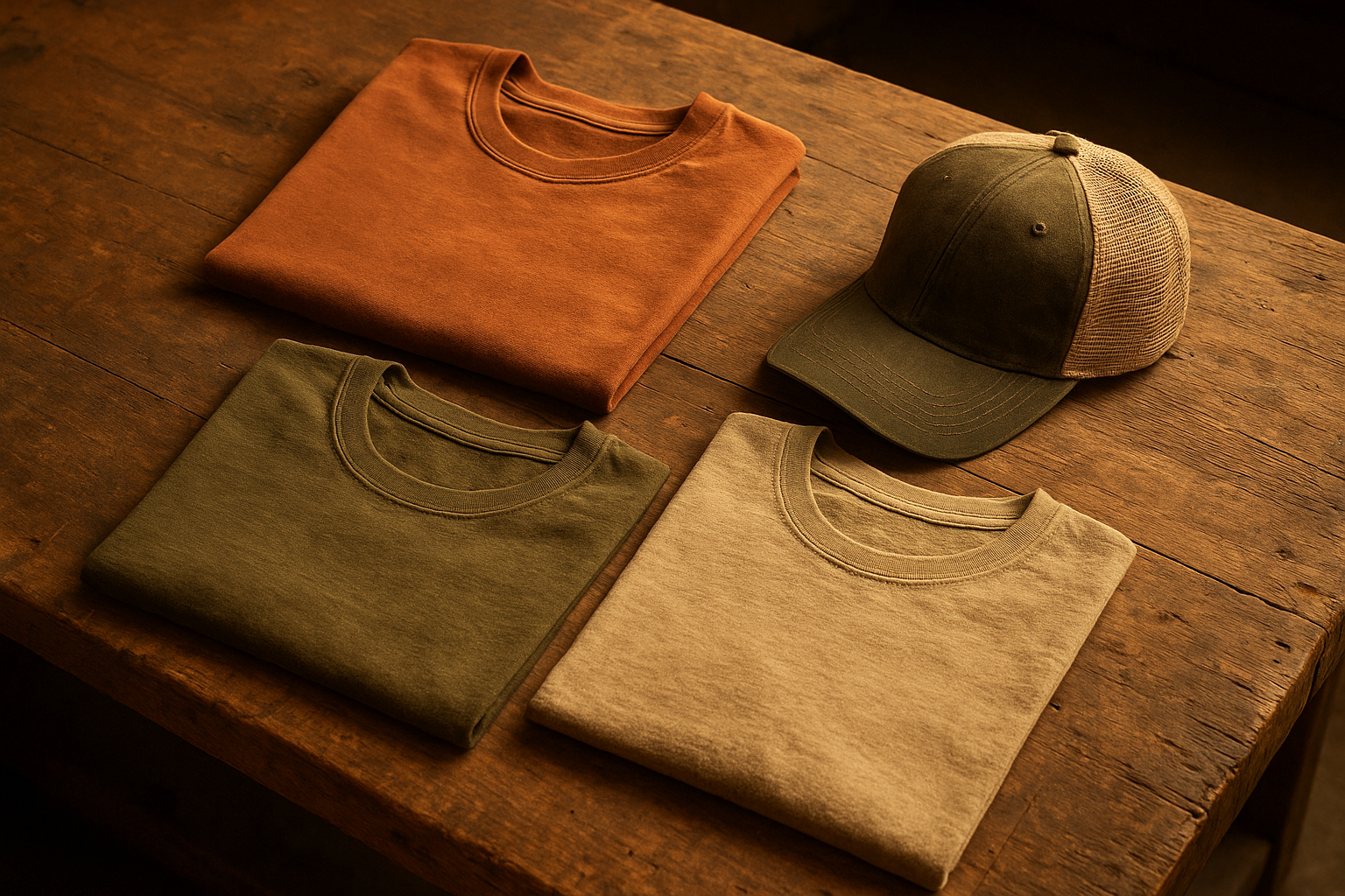 Collection of distinctive wearables including vintage-style t-shirts and a cap on a workbench