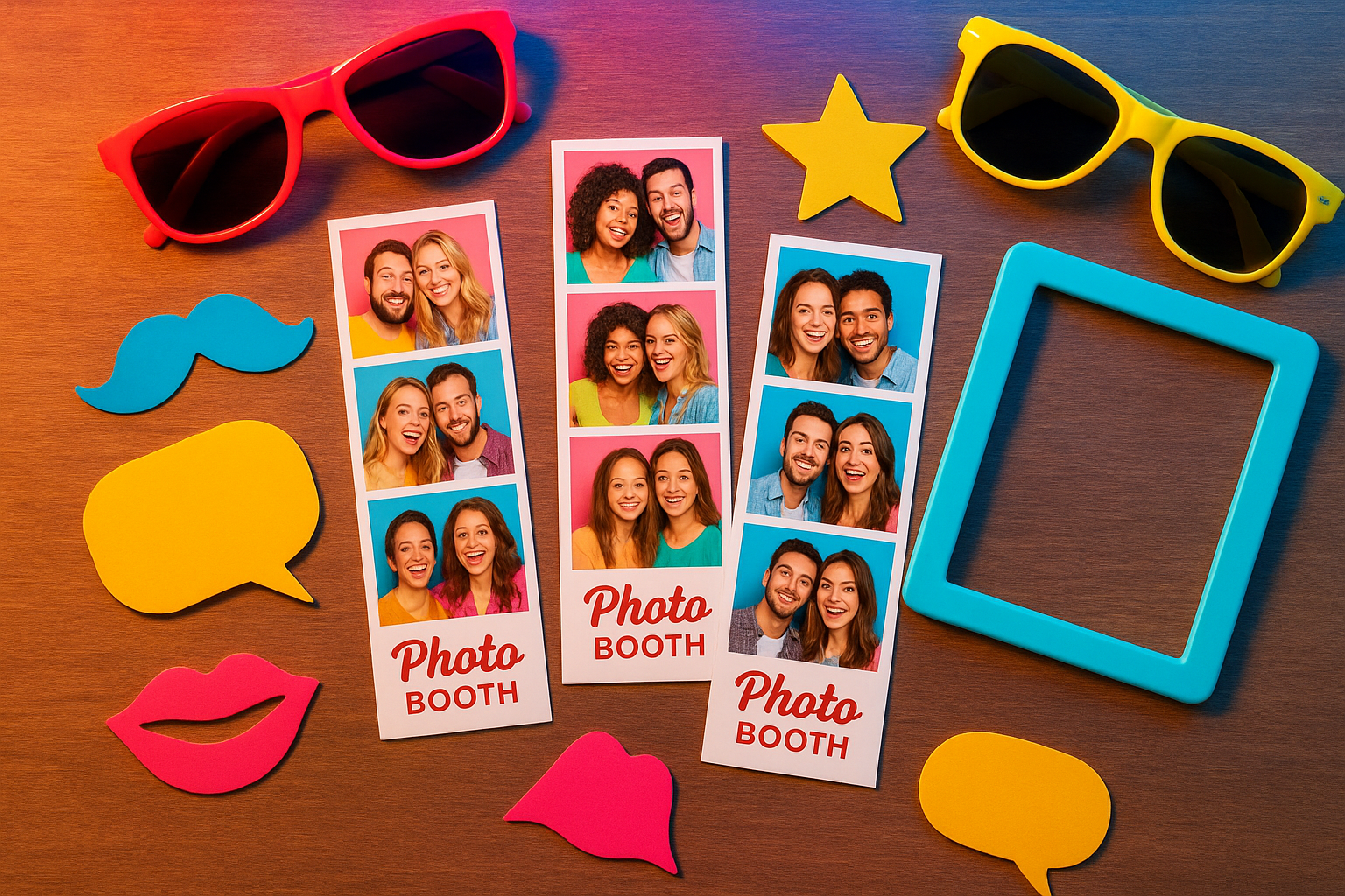 Printed photo strips and props displayed on a photo booth rental table
