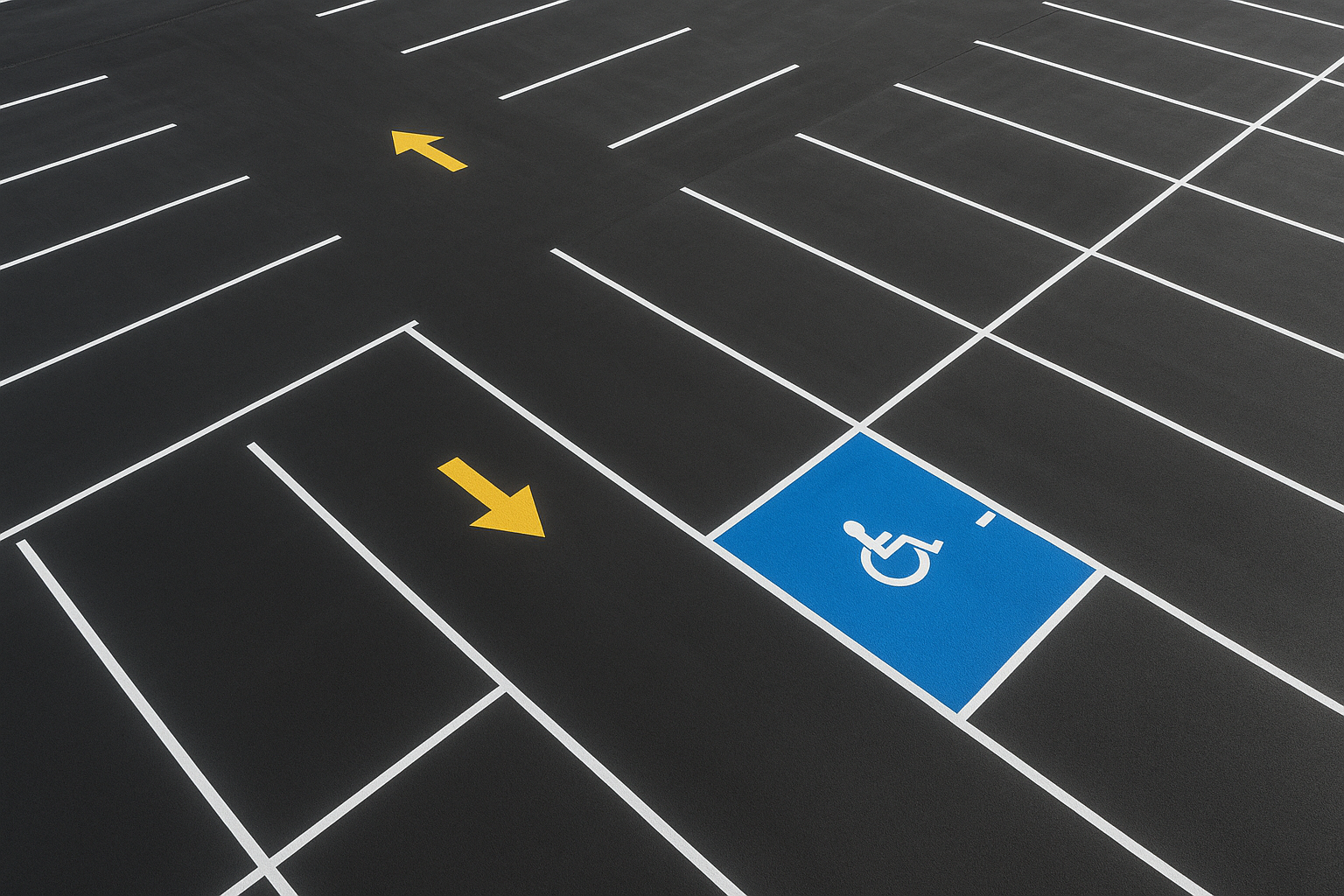 Aerial view of a commercial parking lot with professional line marking services including white stall lines and ADA accessible spaces