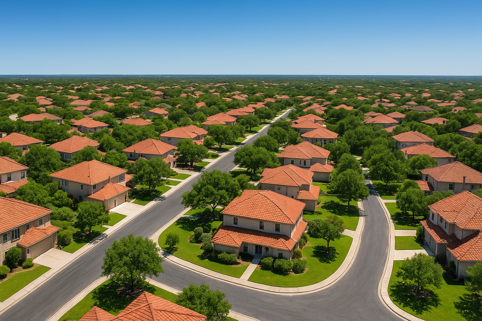 Aerial view of a San Antonio residential neighborhood with homes for sale