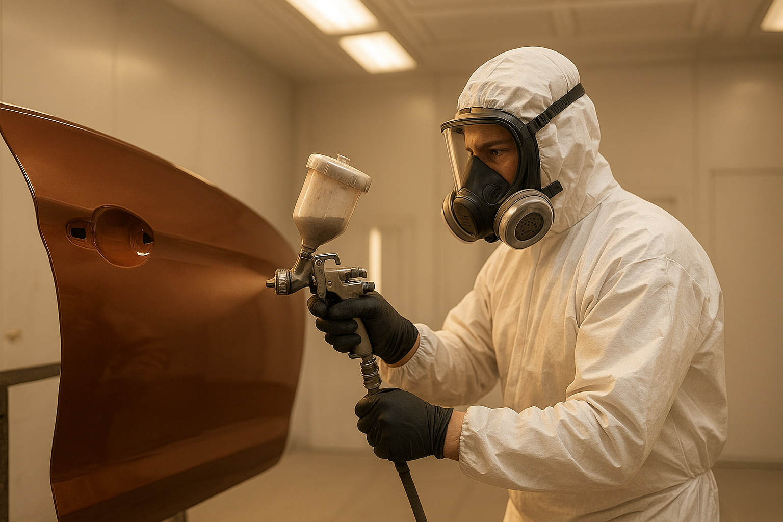 Technician performing Brea paint restoration in a professional paint booth