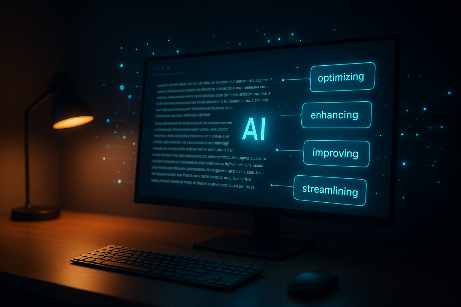 AI content creation platform interface showing real-time writing suggestions on a monitor
