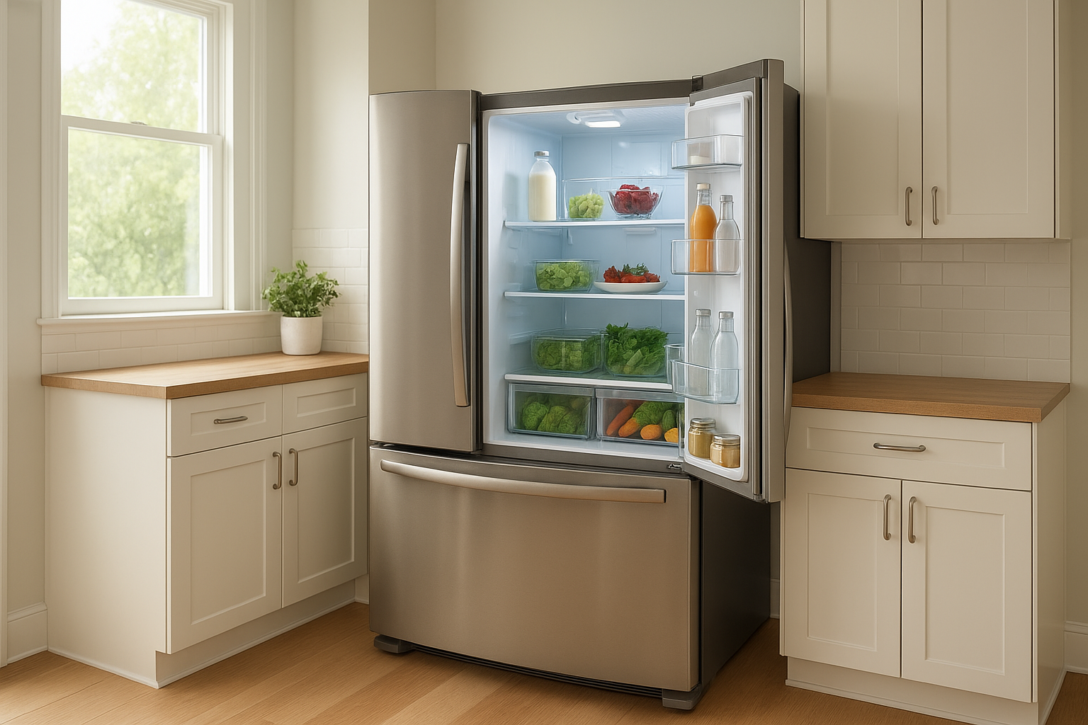 Open refrigerator interior showing organized shelves after a refrigerator repair service