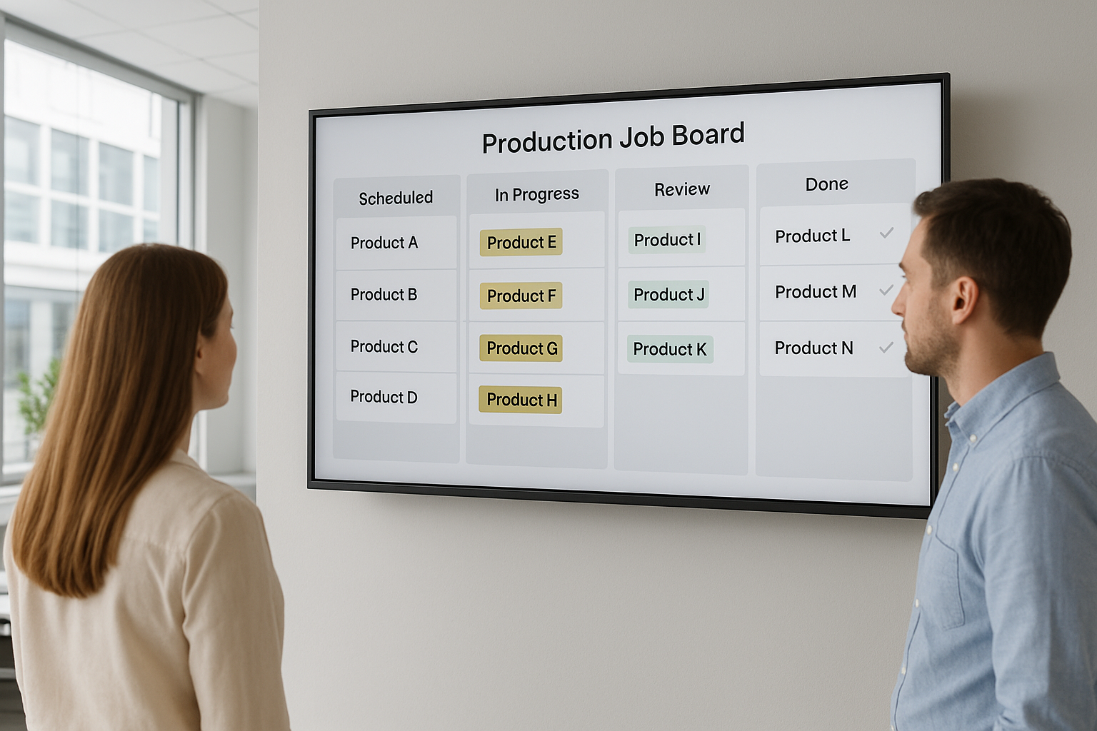 Office TV job board displaying production stages for home improvement jobs