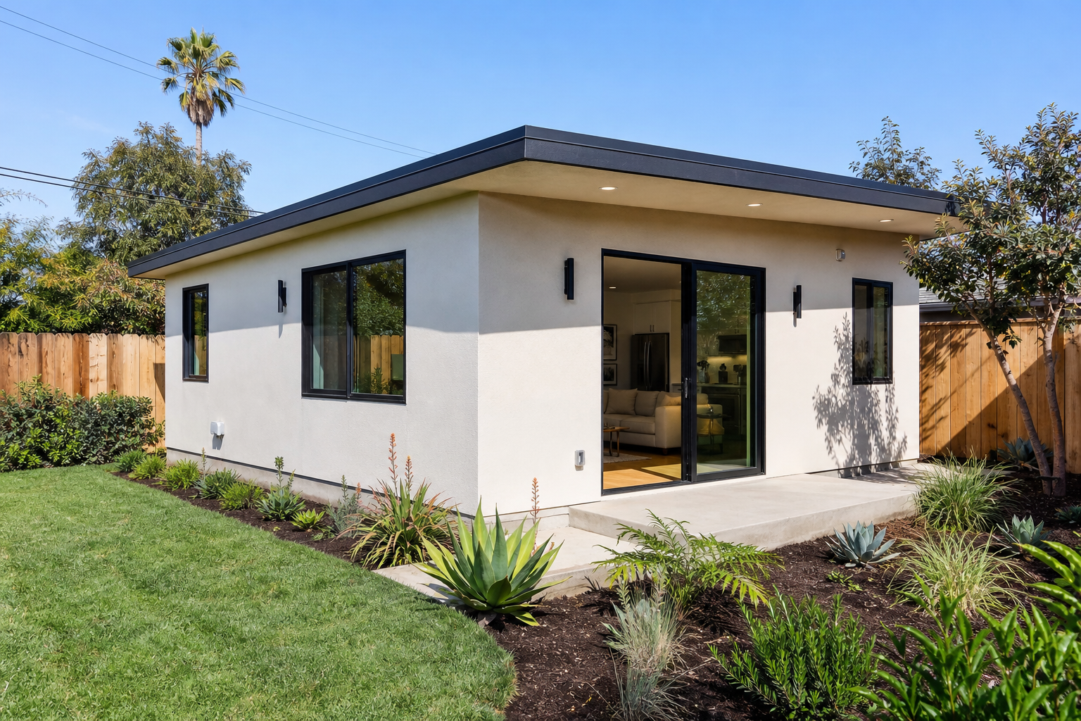 Newly built detached ADU second unit in a Southern California backyard