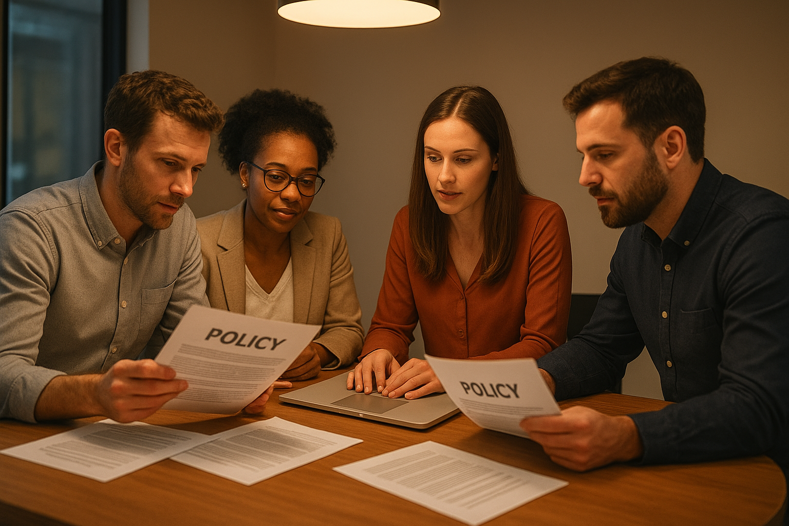 Small business team reviewing HR administration process documents together