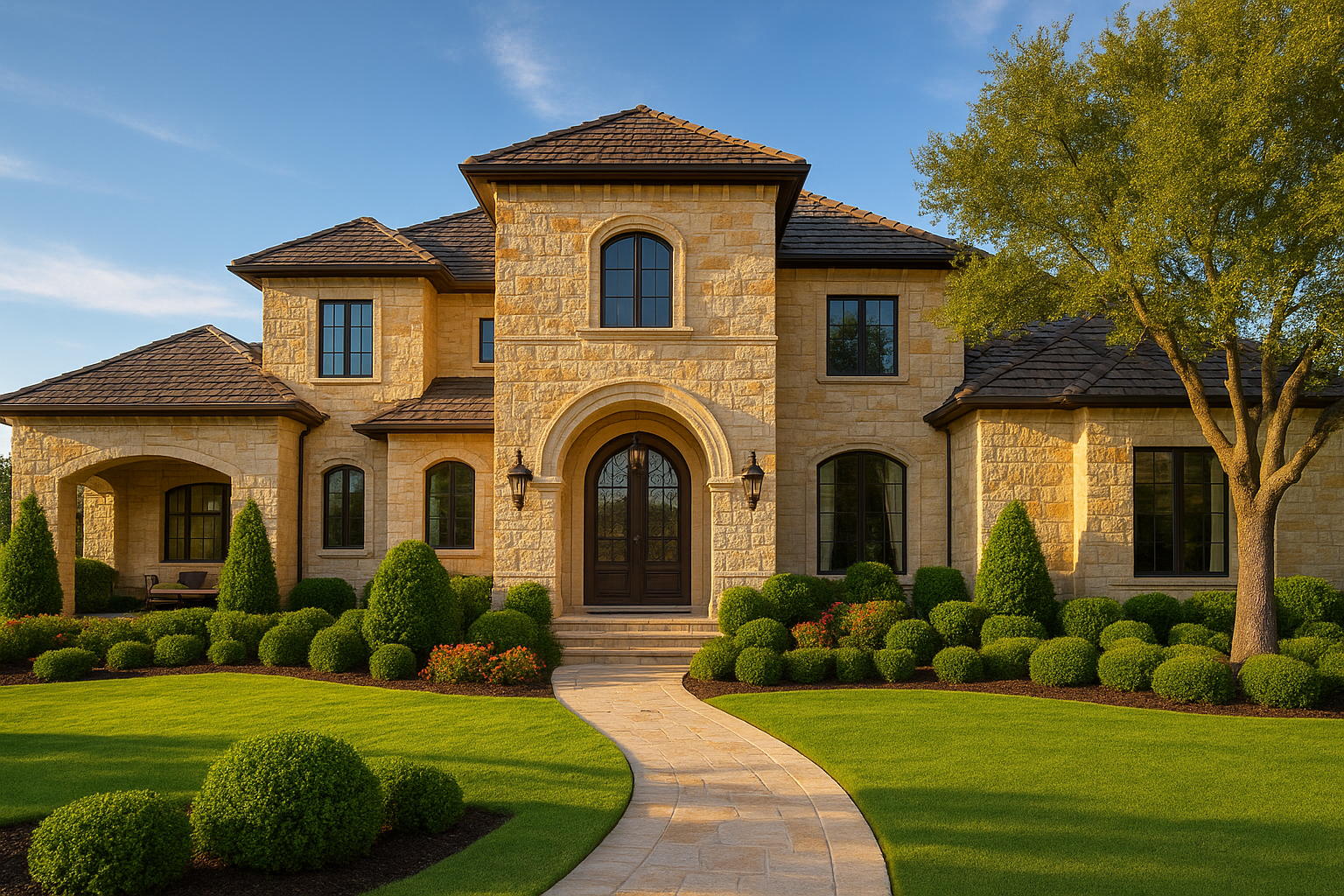 Luxury residential home exterior in the San Antonio area with stone facade and manicured landscaping