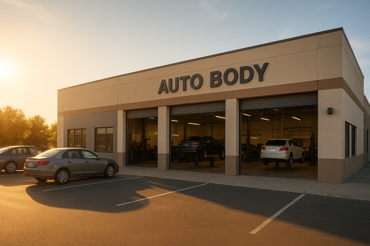 Auto body shop open on a Saturday morning for weekend appointments with cars in the parking lot