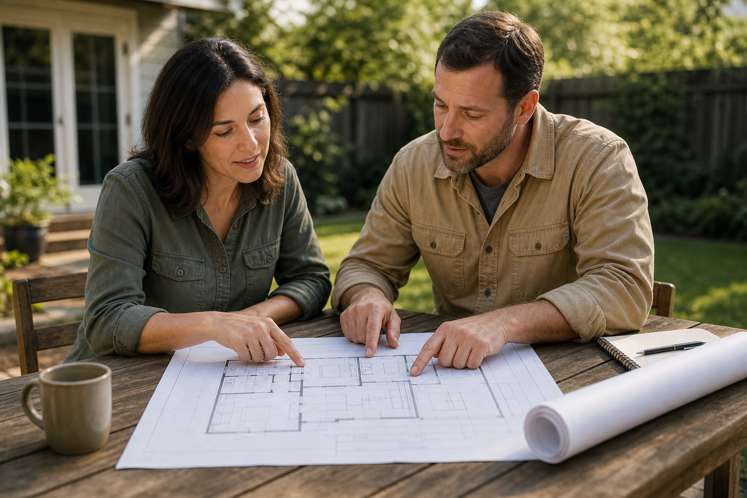 Homeowner reviewing energy efficient ADU blueprints with a California contractor