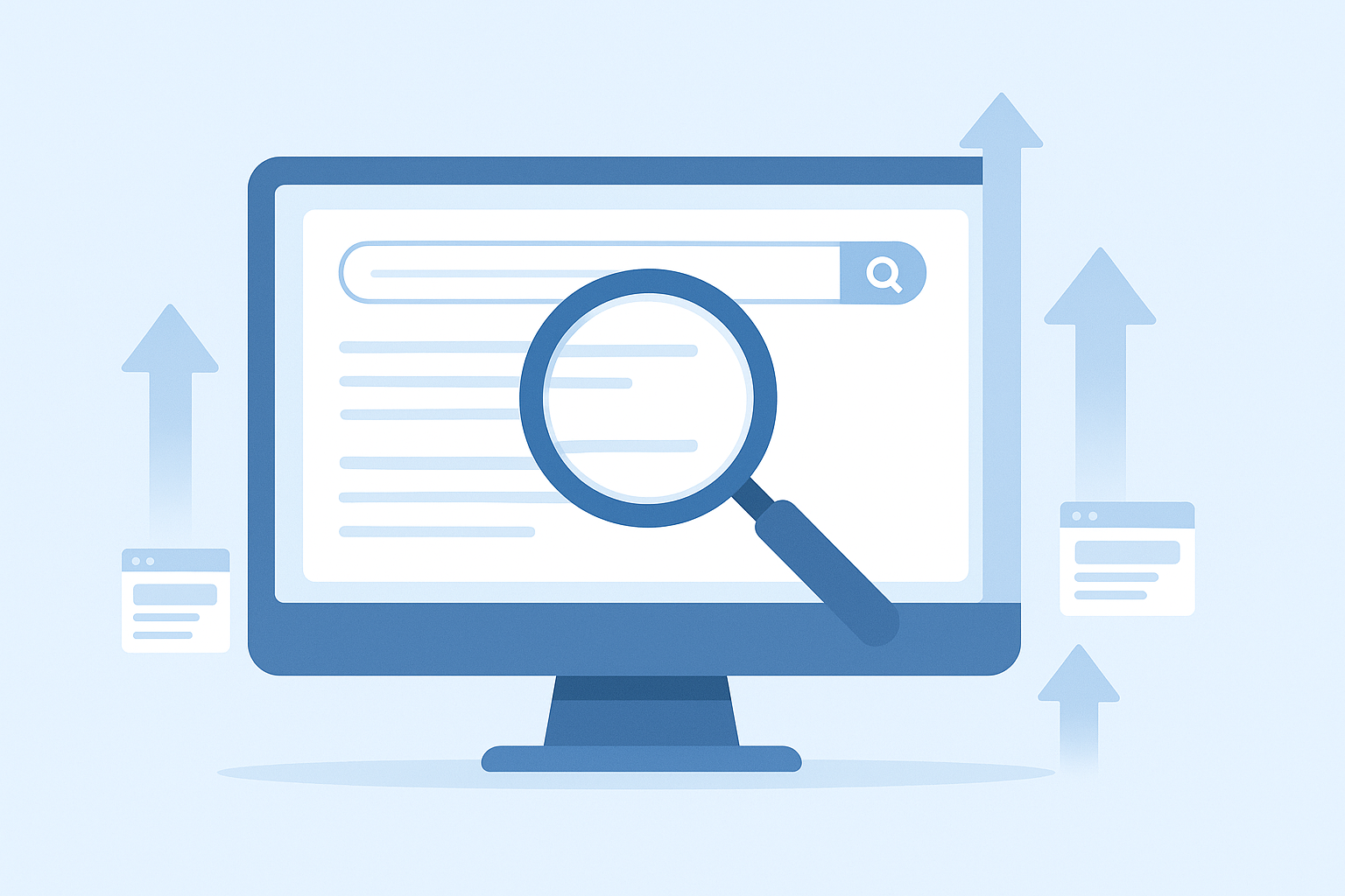 Illustration showing seo defined as search engine optimization with a magnifying glass over search results