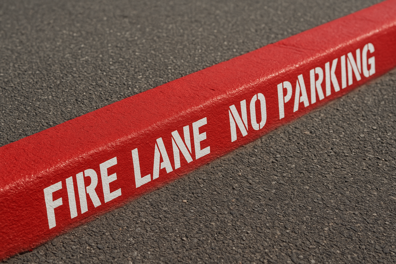 Red fire lane marking with white lettering on a Denton Texas commercial property curb