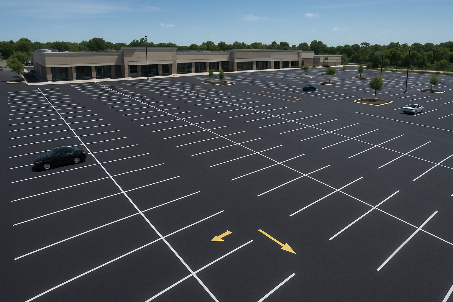 Aerial view of striping services for retail centers completed on a shopping plaza parking lot