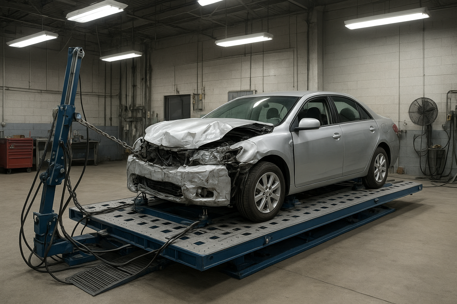 Technician measuring frame alignment during structural auto repair Orange County service