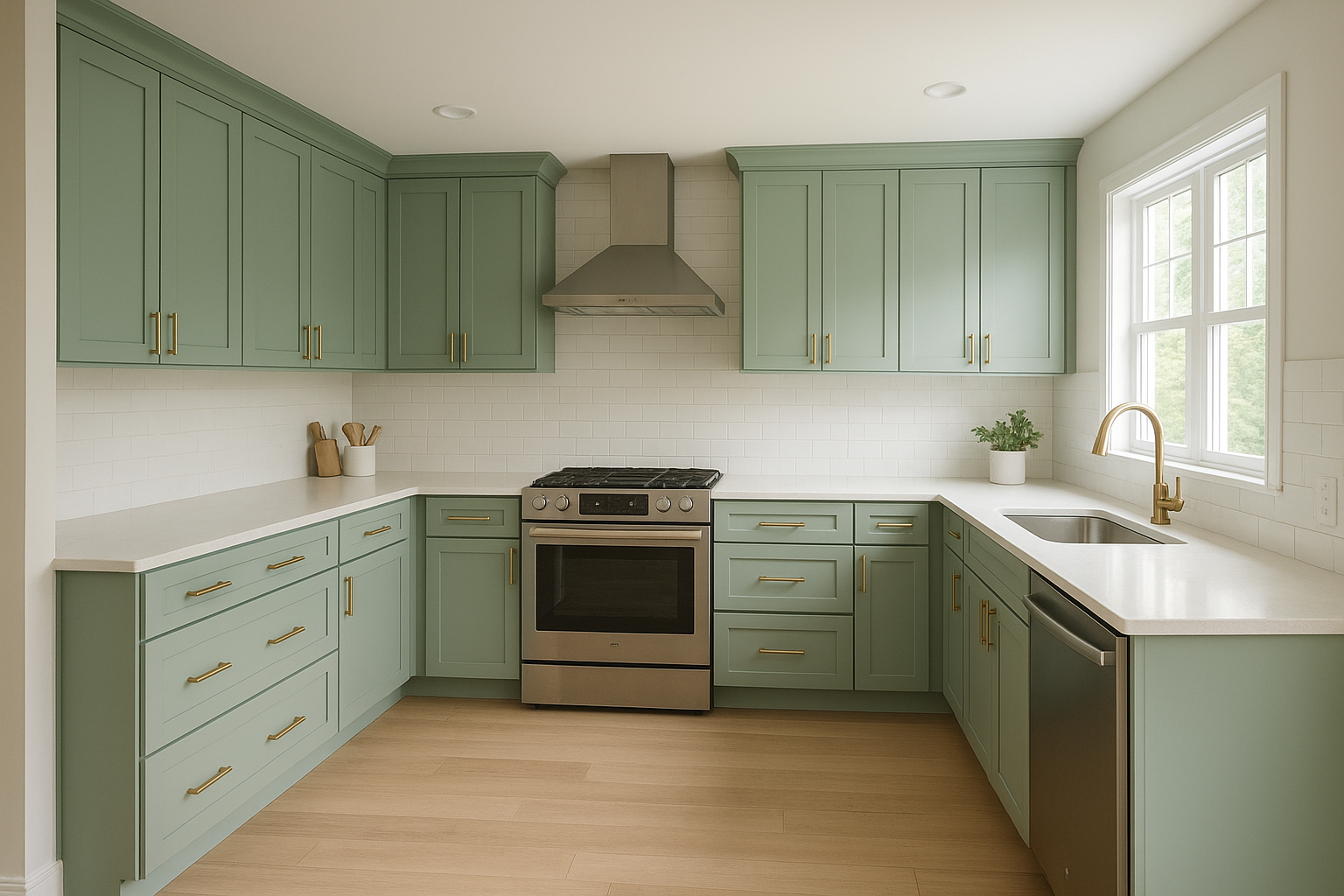 Newly refaced kitchen cabinets with modern brass hardware in a bright Cincinnati home