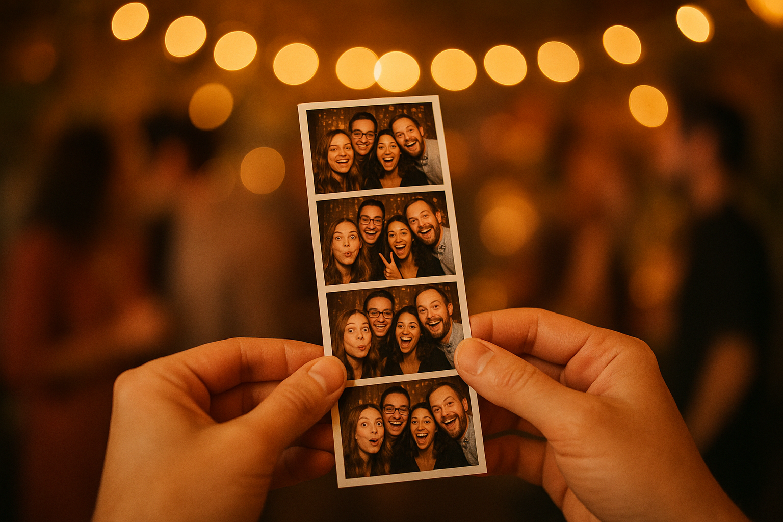 Guests holding printed photo strips from the Prints package at a Tri-State event