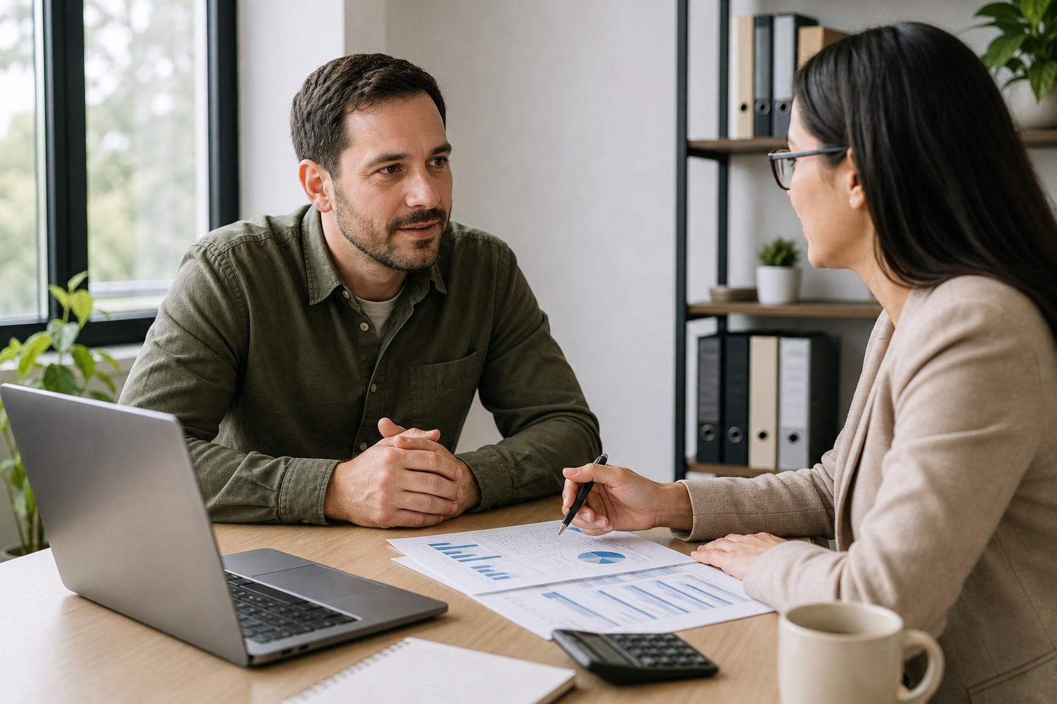 Business owner discussing financial reports with a local bookkeeping specialist