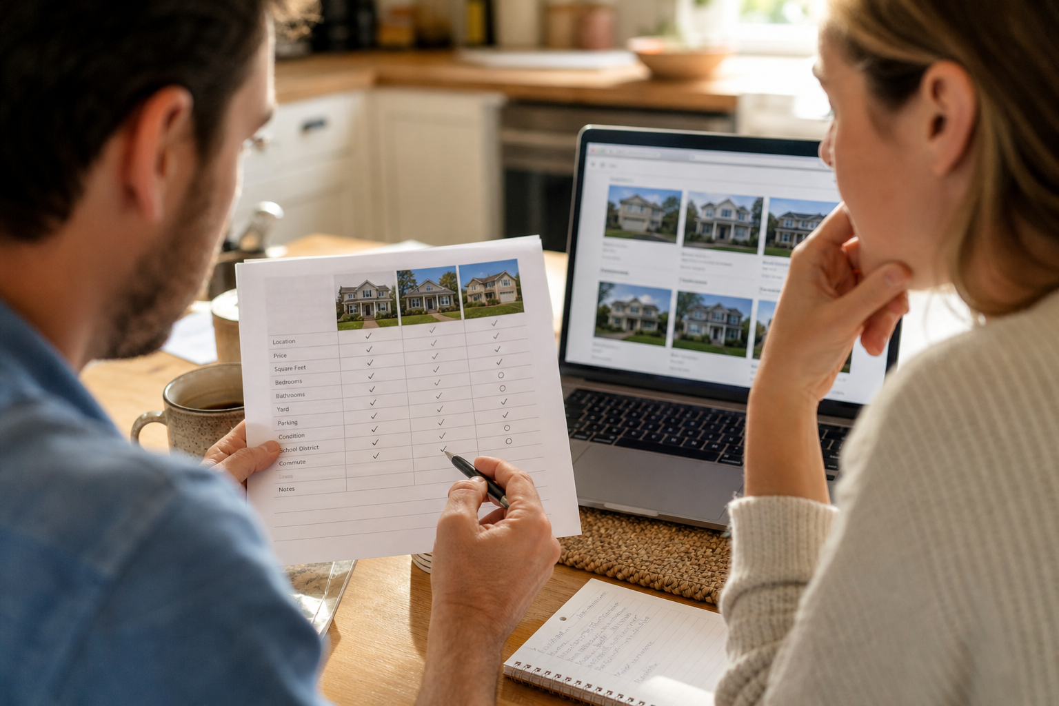 Couple reviewing a home listings website and checklist while preparing for a consultation