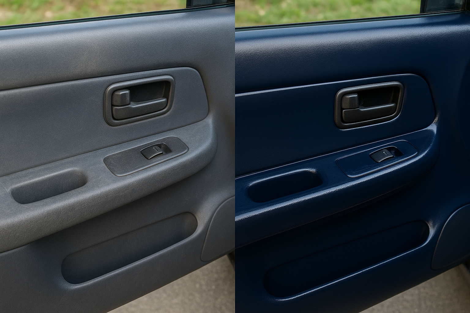 Before and after comparison showing a seamless auto body paint matching repair result