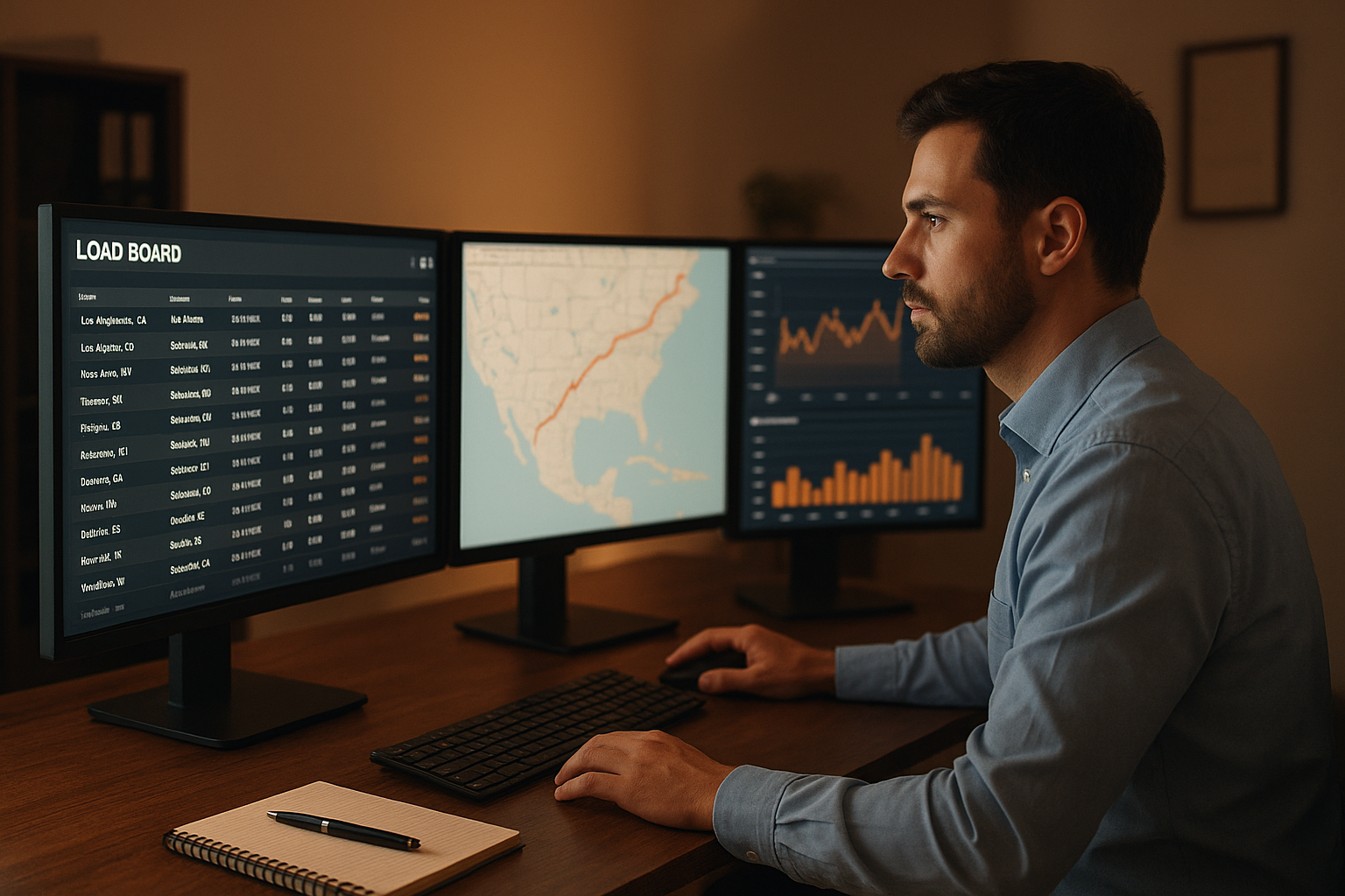 Freight agent reviewing load boards and rate agreements at a desk
