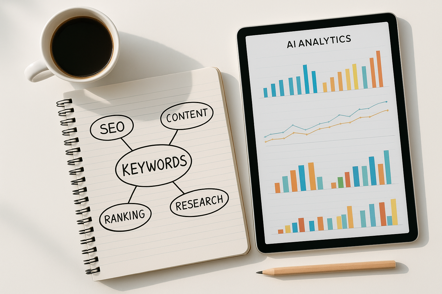 Notebook keyword mind-map alongside a tablet displaying AI analytics for content planning