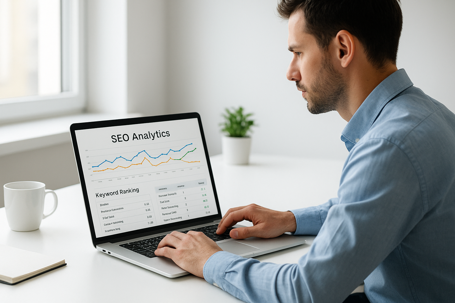 Professional reviewing live SEO monitoring data on a laptop with ranking graphs visible