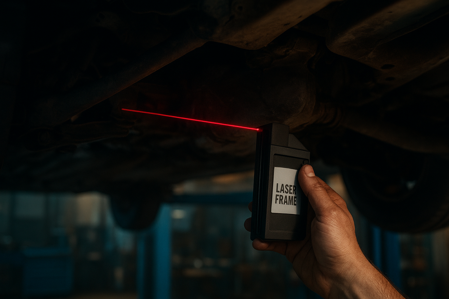 Laser frame measurement tool used during a vehicle damage evaluation at a repair shop