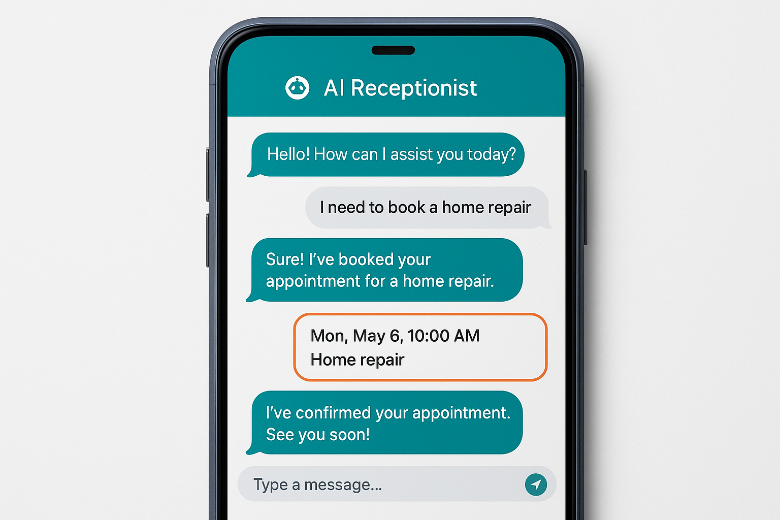 AI receptionist confirming a booked home service appointment on a smartphone screen