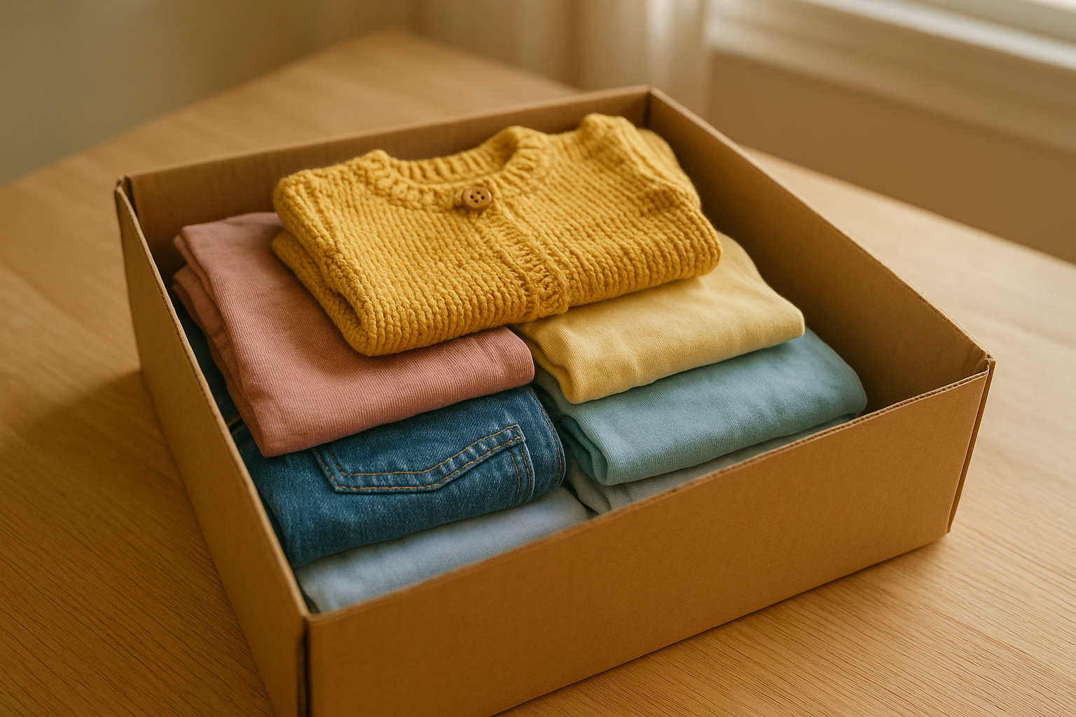 children's clothing rental subscription box filled with folded kids' outfits on a wooden table