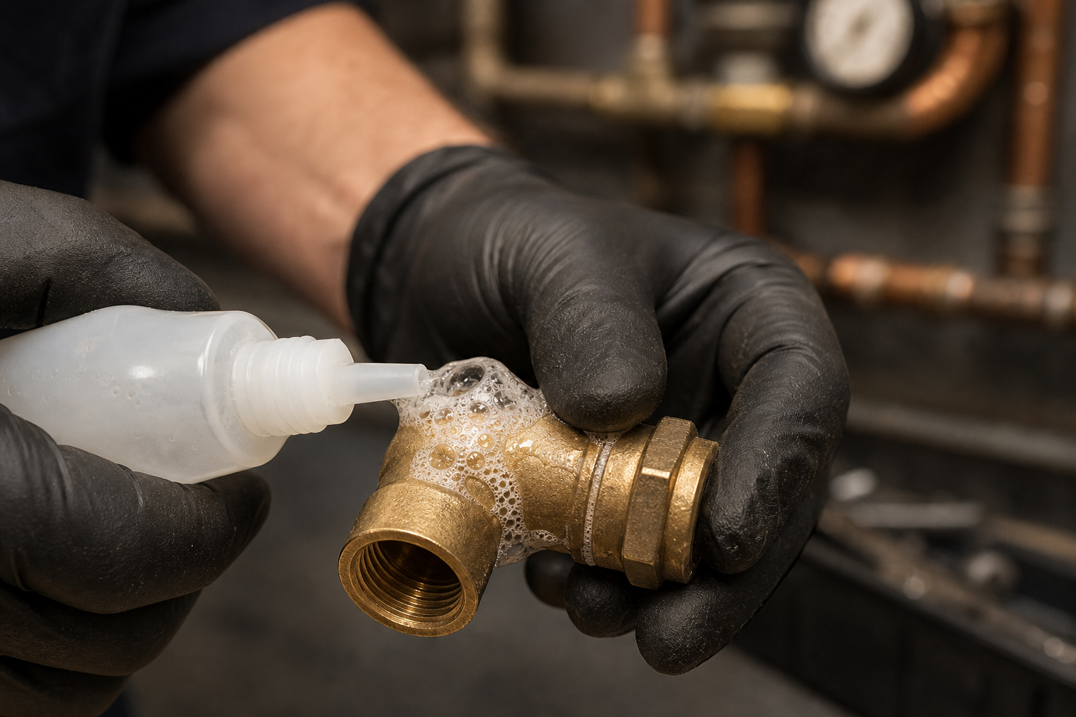 Close-up of a plumber testing a gas pipe fitting with a soap-bubble leak check