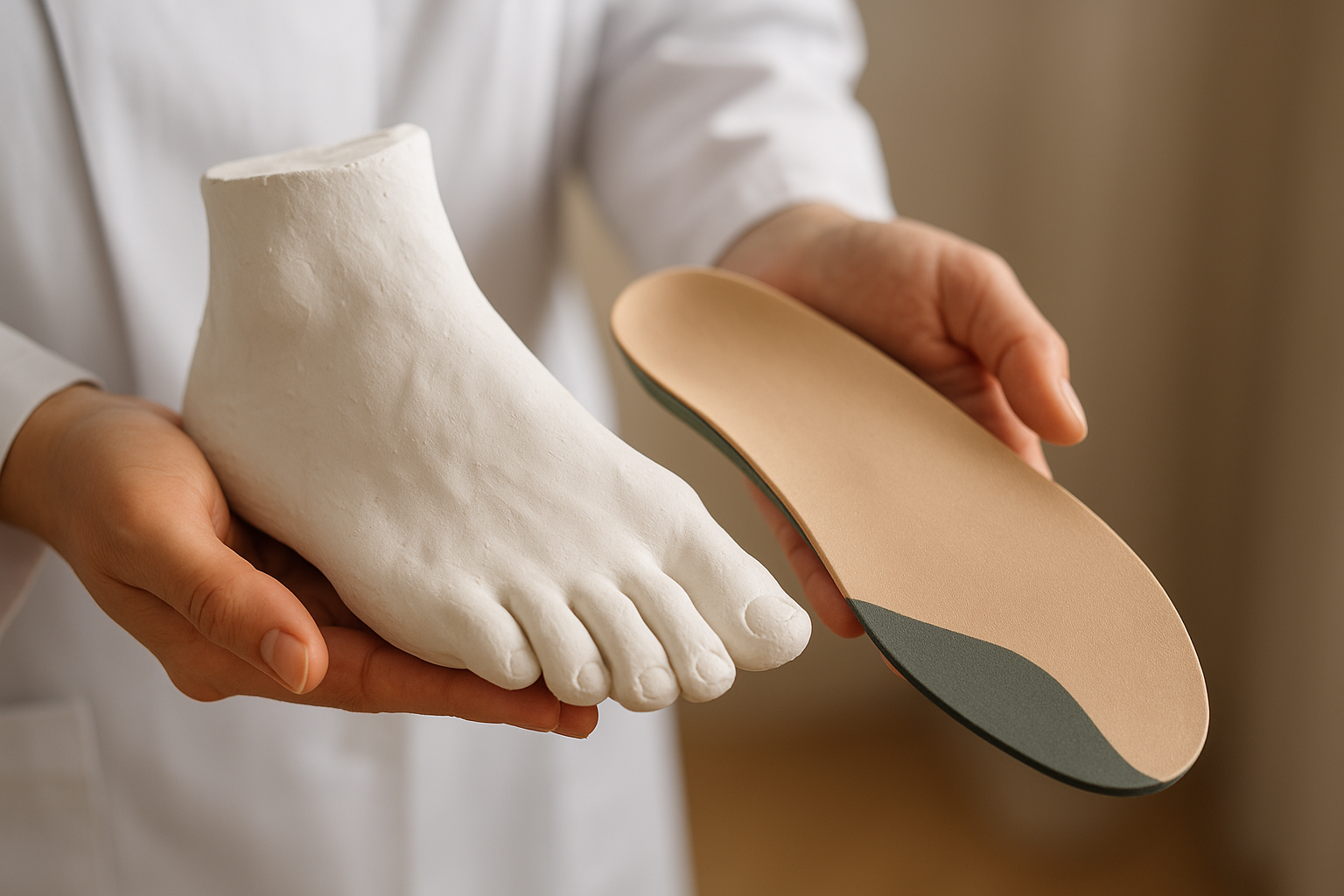 Podiatrist holding a foot mold used to create personalized orthotic footbeds