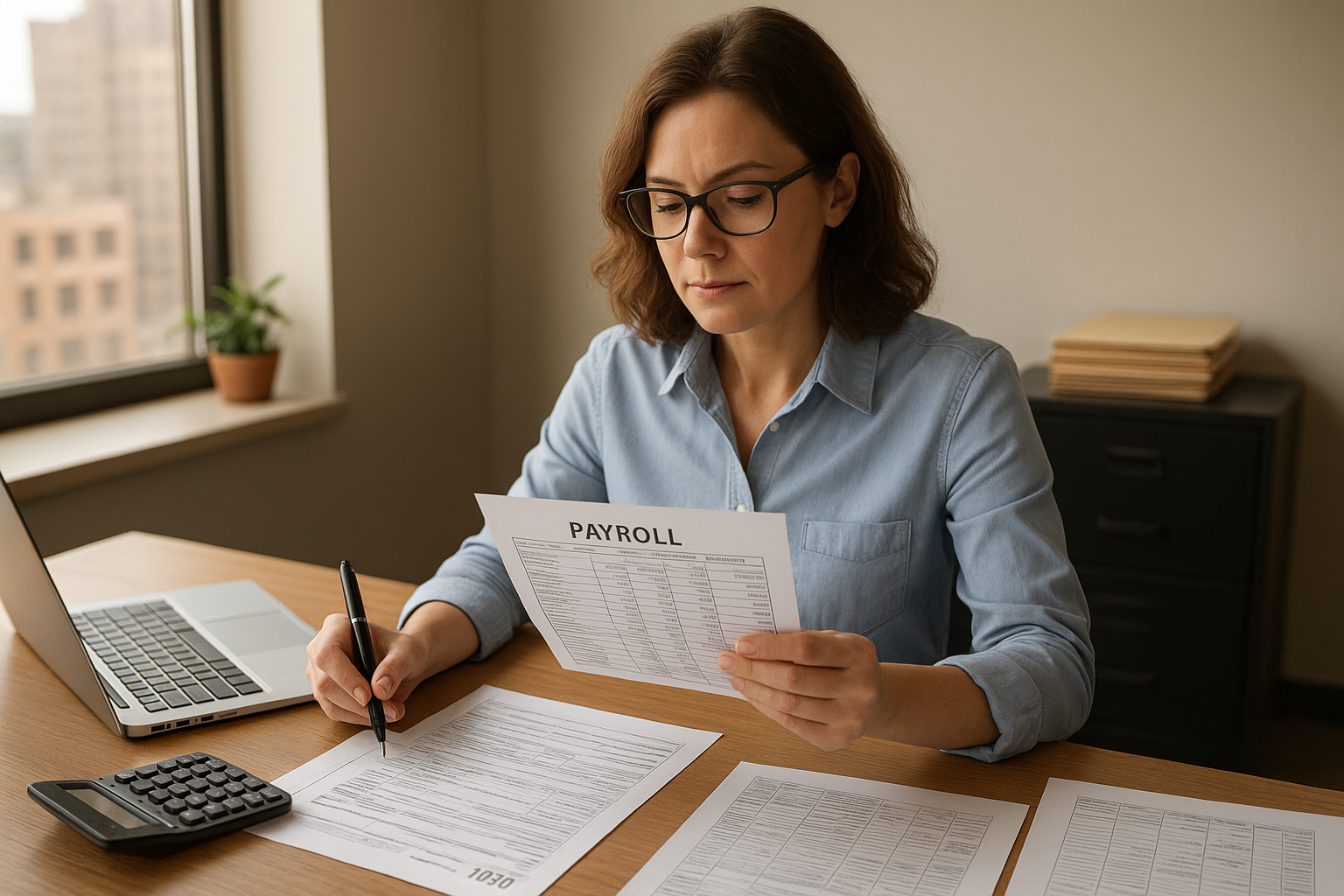 Bookkeeper reviewing Minnesota payroll outsourcing paperwork in a Minneapolis office Bookkeeper reviewing Minnesota payroll outsourcing paperwork in a Minneapolis office
