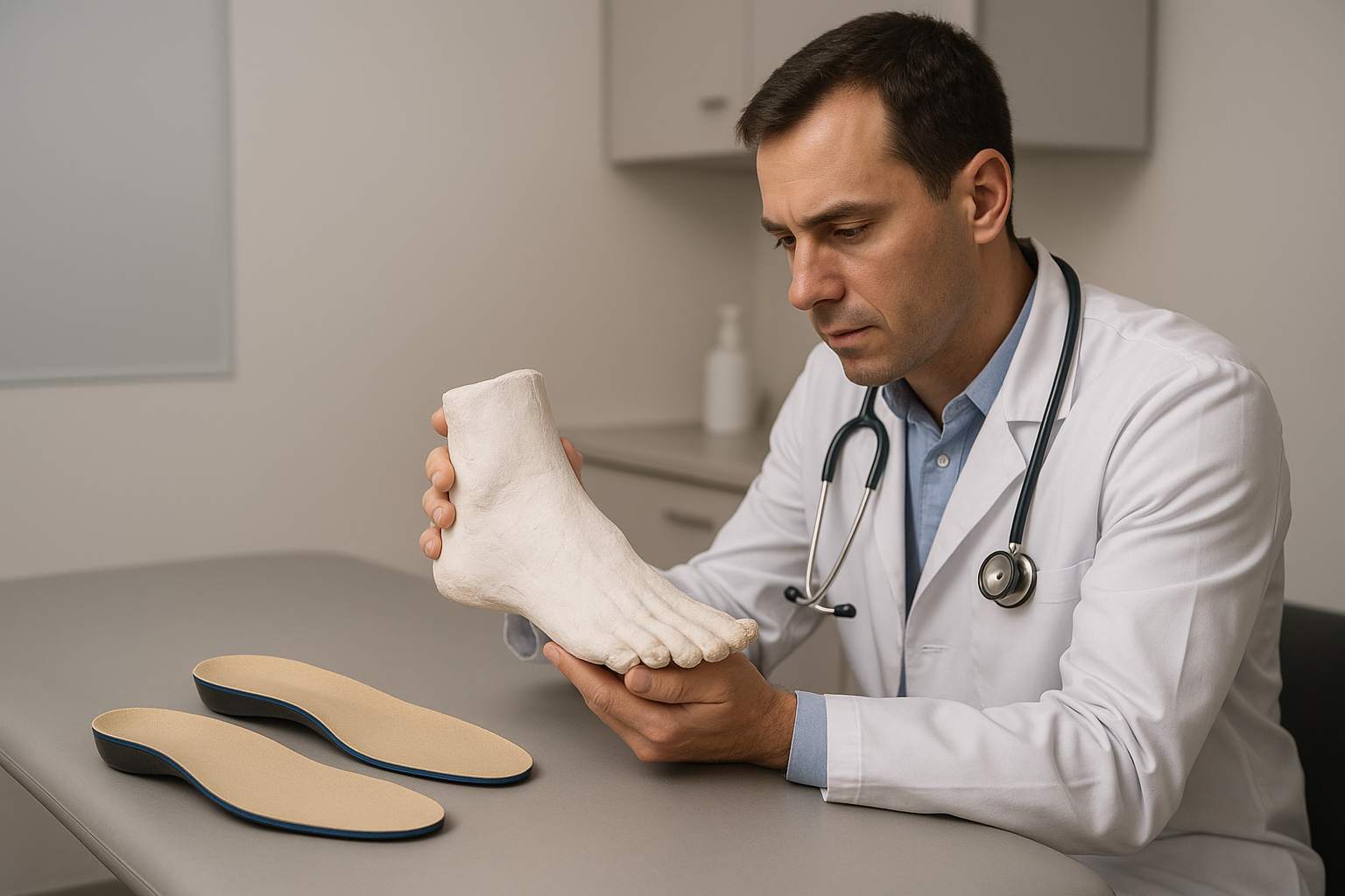 Podiatrist reviewing a custom foot mold used in personalized foot pain therapies