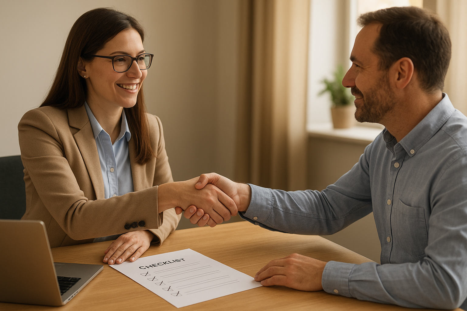 HR consultant shaking hands with a small business owner after reviewing an outsourced HR proposal