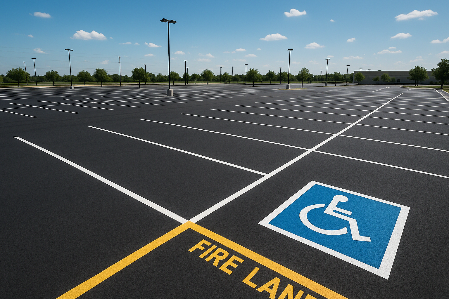 Professional line marking service applied to a commercial parking lot with bright white stall lines and ADA markings in Texas