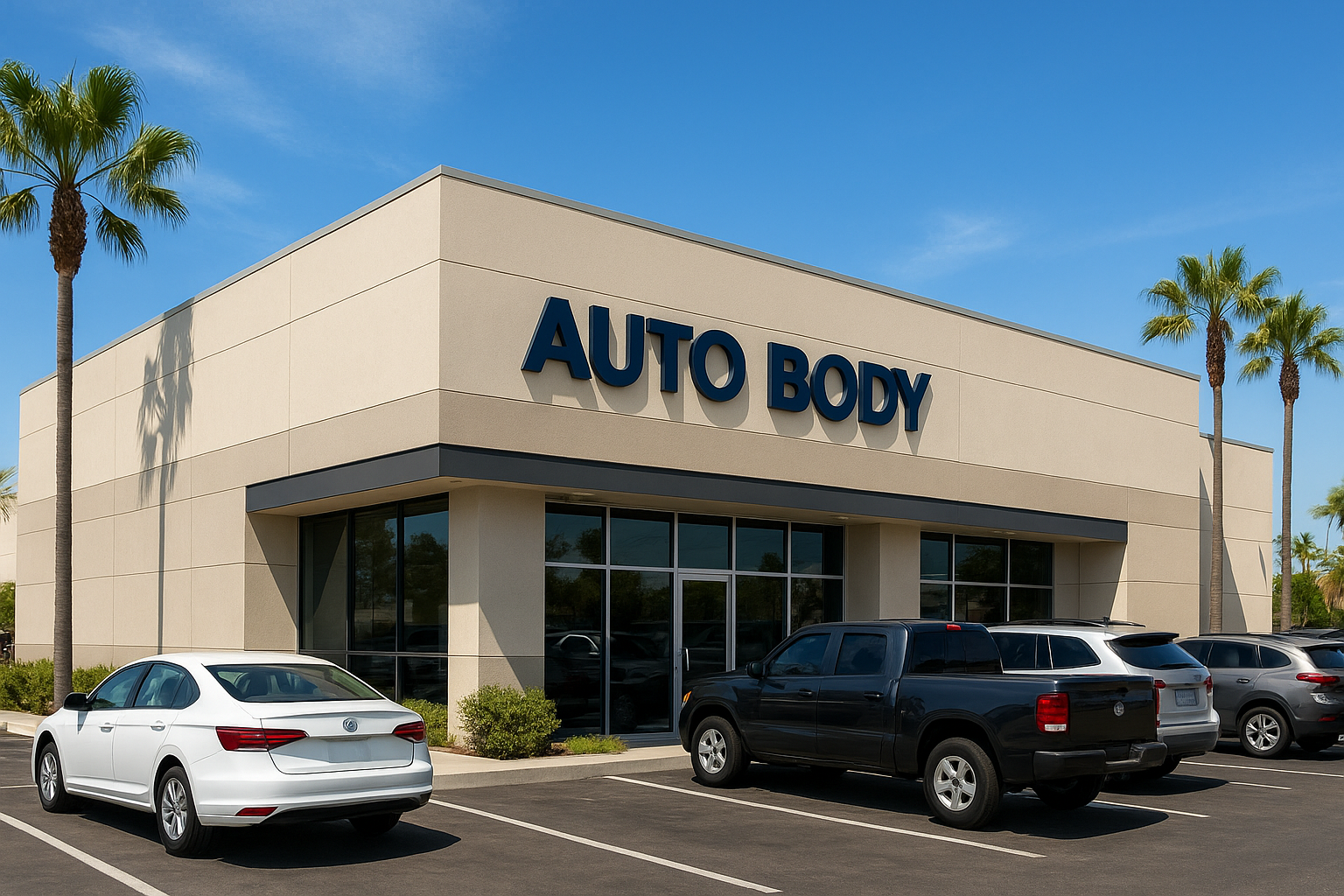 Exterior of a professional local auto body repair shop in Southern California