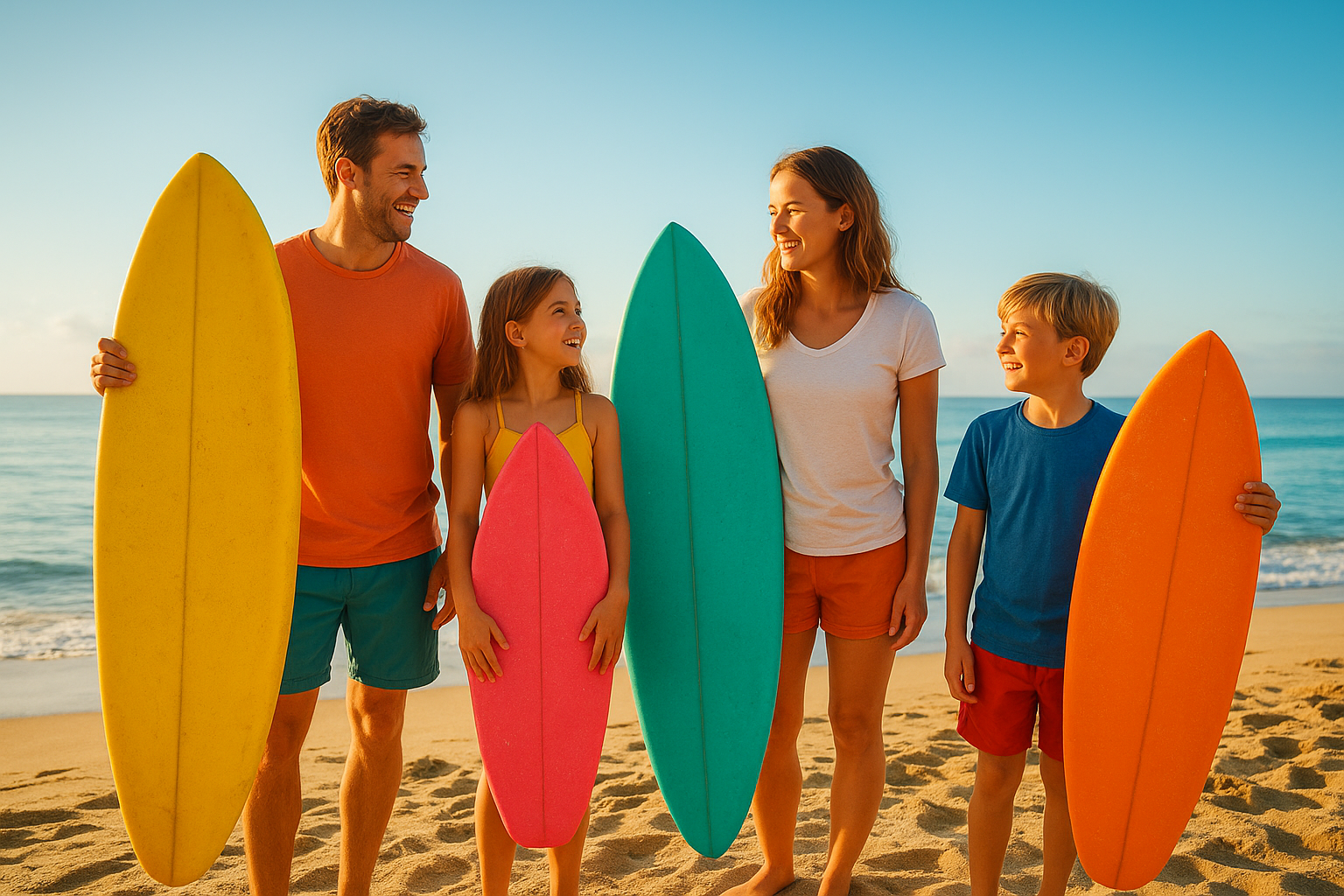 Family holding surfboards on the beach before their surf classes for families session