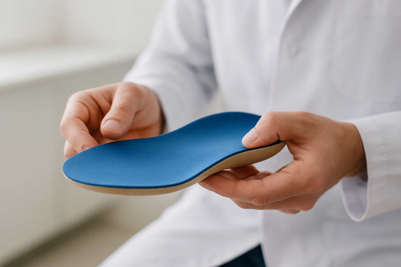 Podiatrist examining a custom orthotic insole designed for active lifestyle support