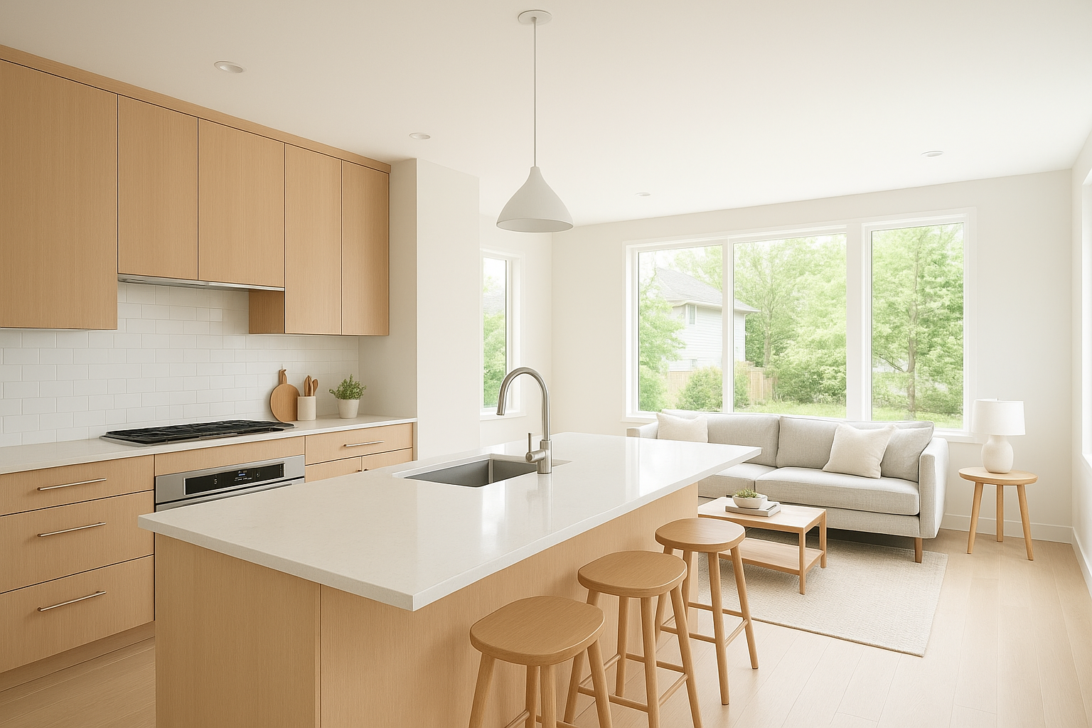 Spacious open-concept kitchen and living room representing more space for a growing family